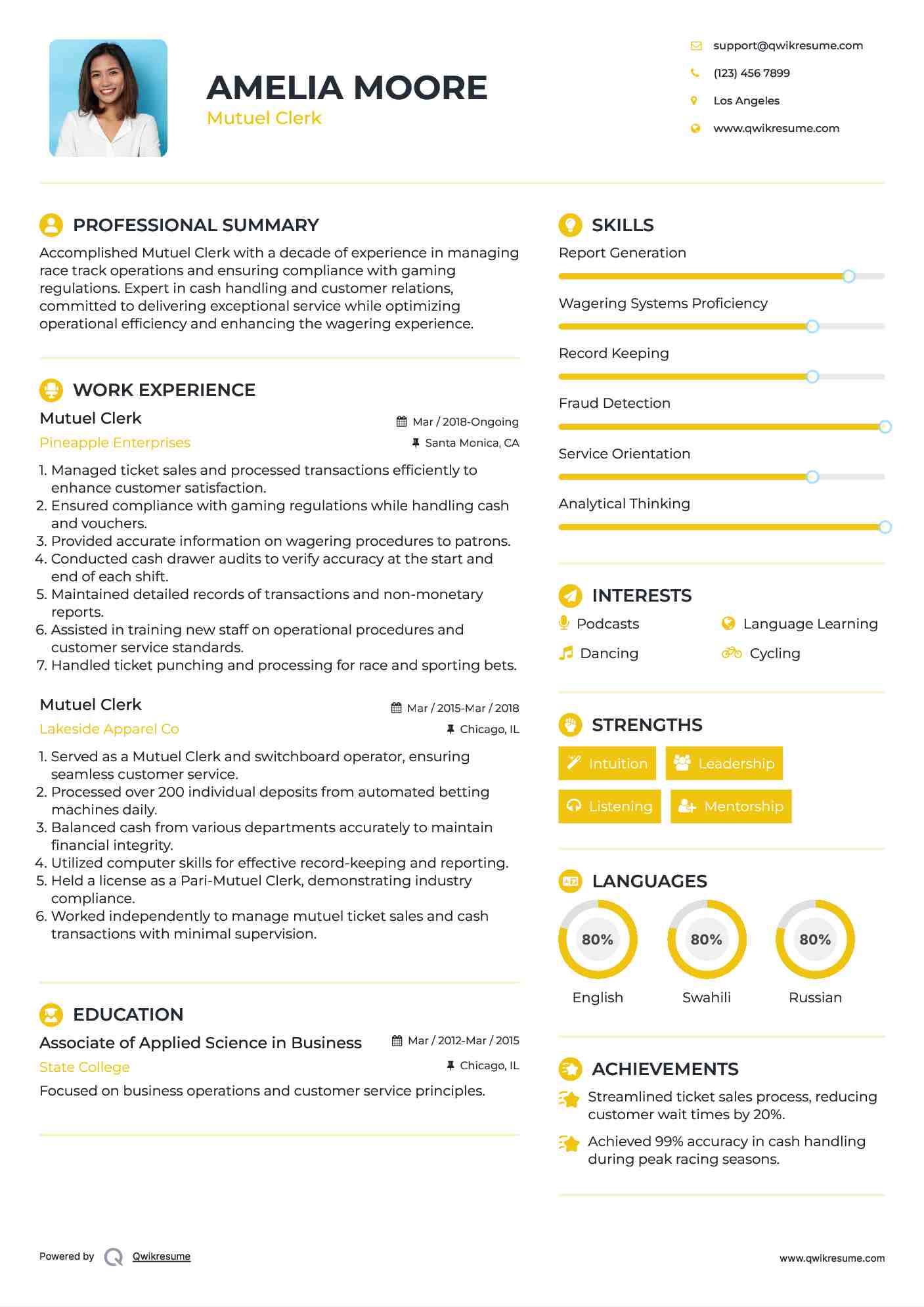 Mutuel Clerk Resume Model