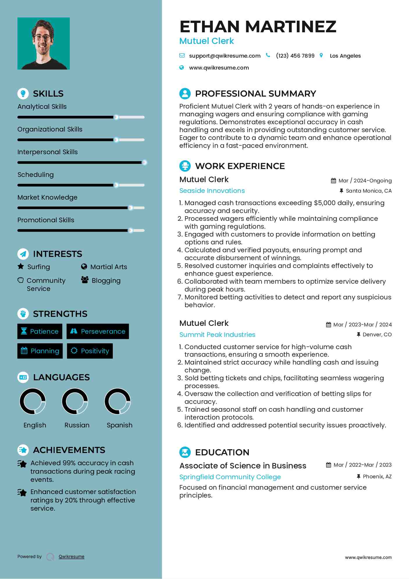 Mutuel Clerk Resume Example