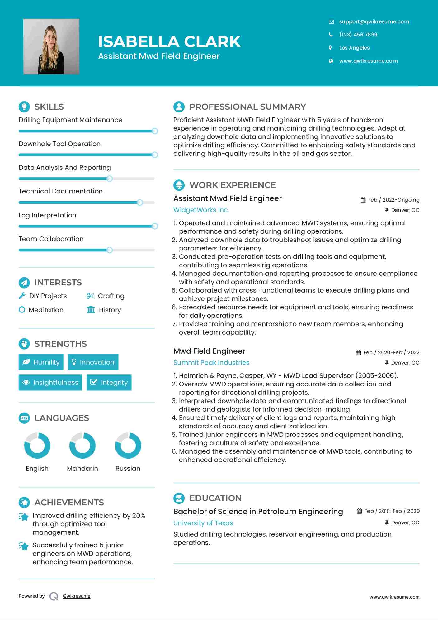 Assistant Mwd Field Engineer Resume Sample