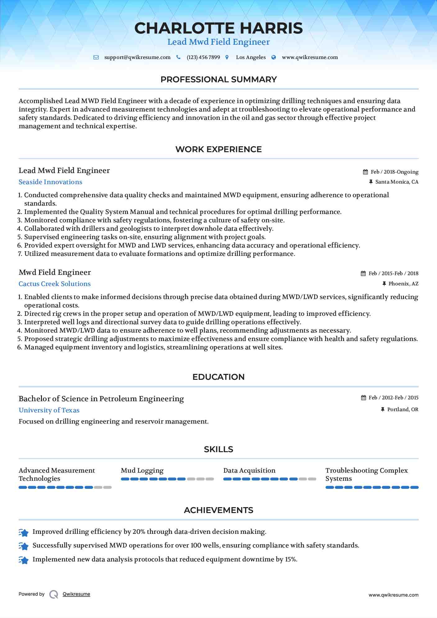 Lead Mwd Field Engineer Resume Model