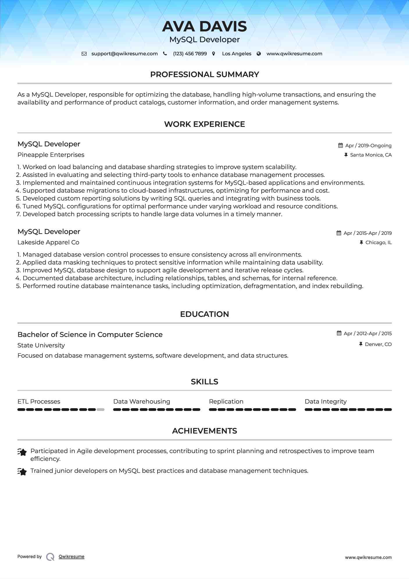 MySQL Developer Resume Model