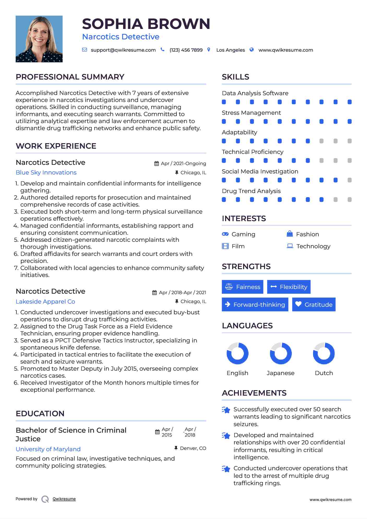 Narcotics Detective Resume Sample