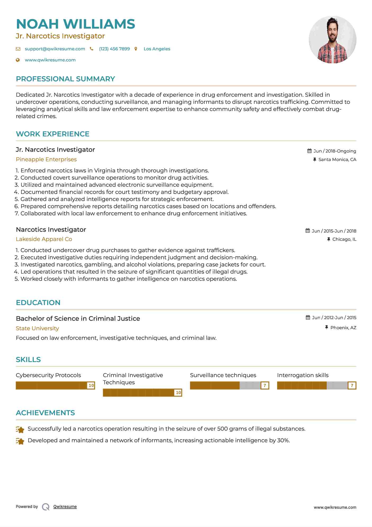 Jr. Narcotics Investigator Resume Format
