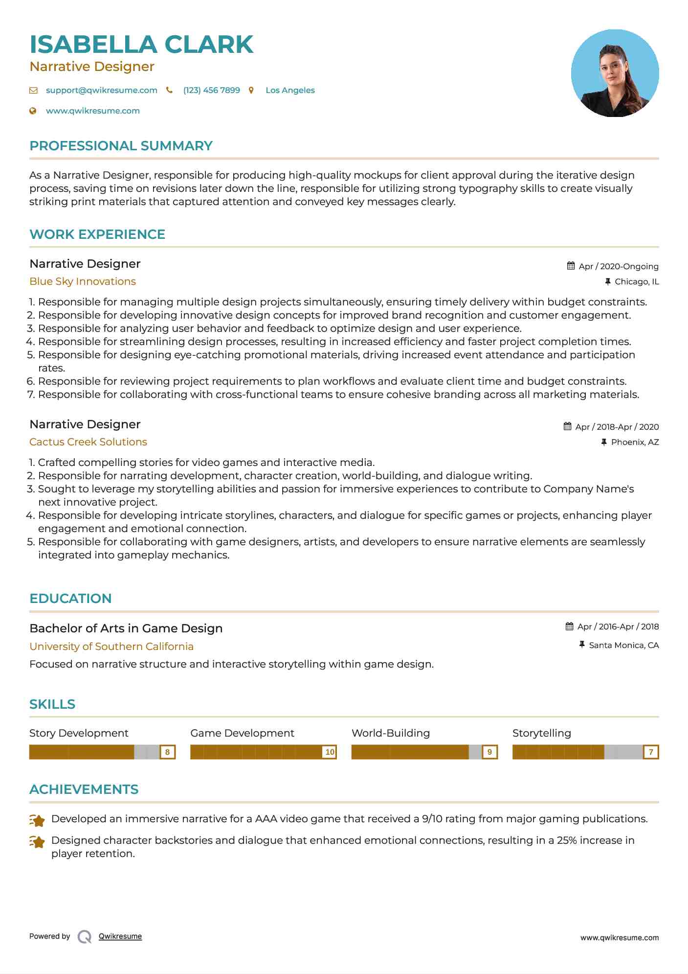 Narrative Designer Resume Sample