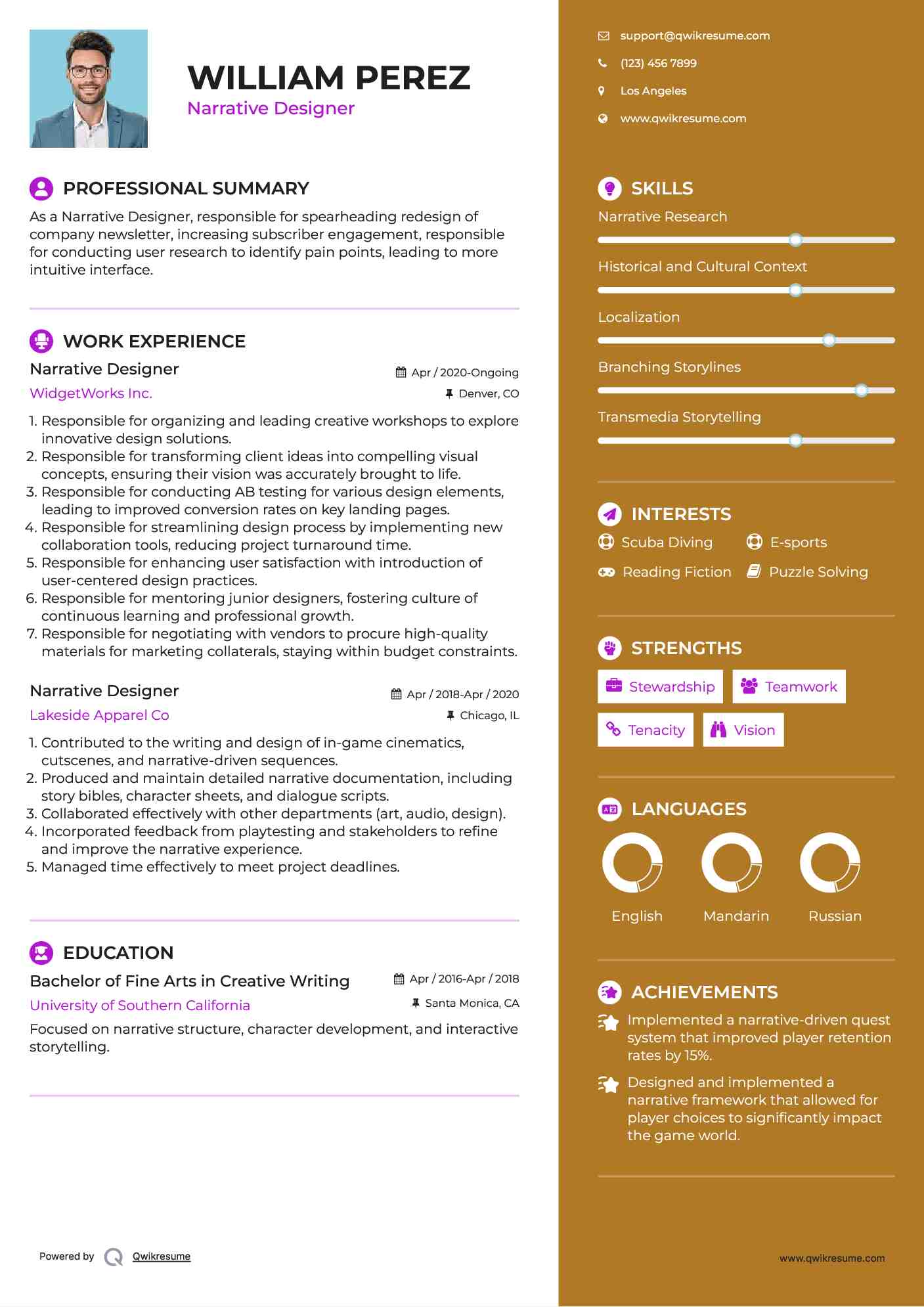 Narrative Designer Resume Example