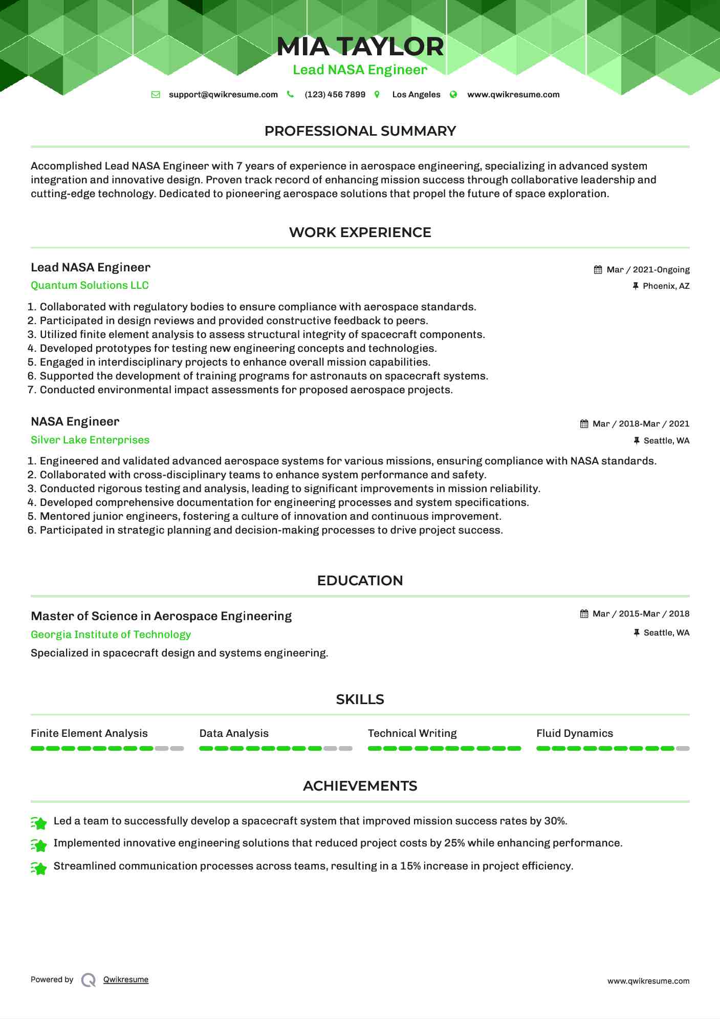 Lead NASA Engineer Resume Example