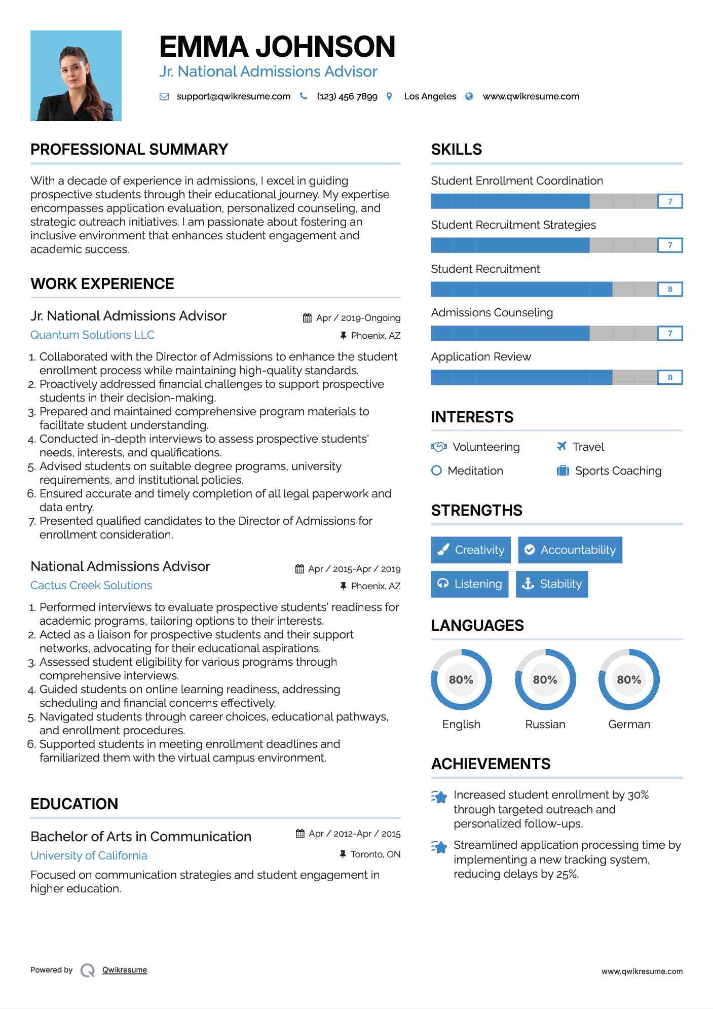 Jr. National Admissions Advisor Resume Format