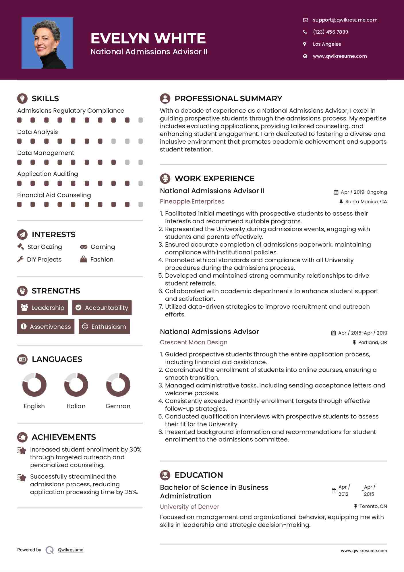 National Admissions Advisor II Resume Example