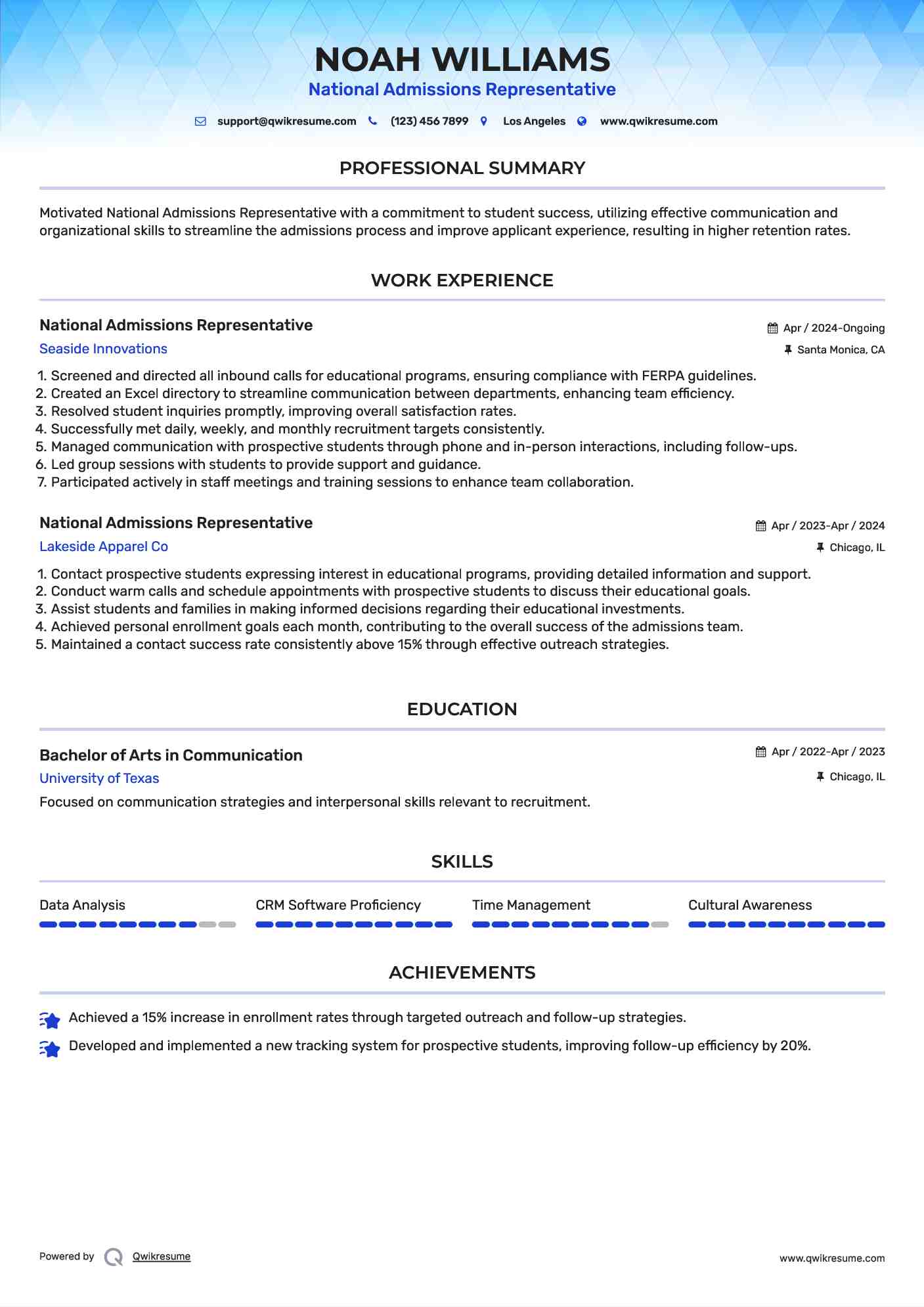 National Admissions Representative Resume Model