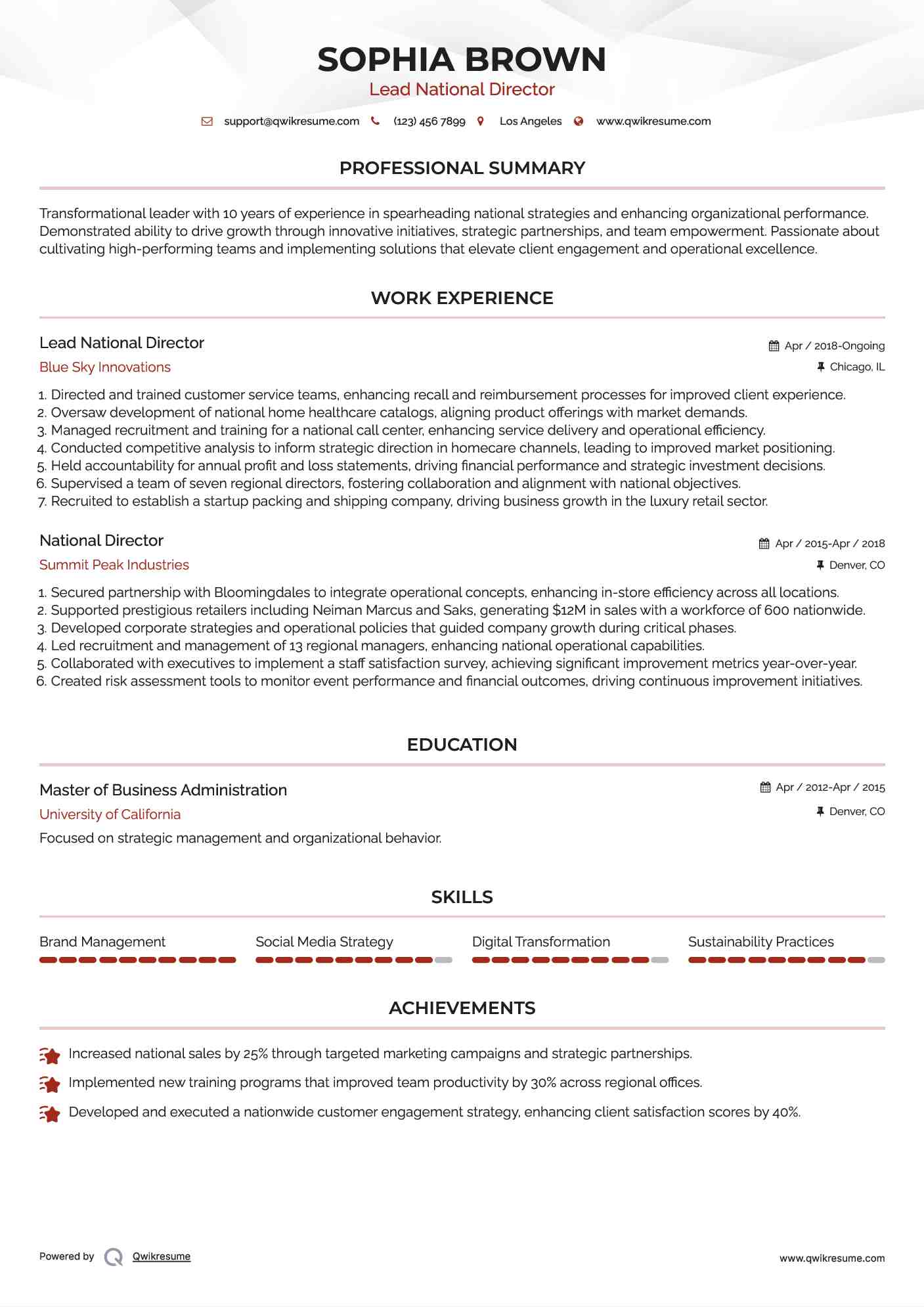 Lead National Director Resume Sample
