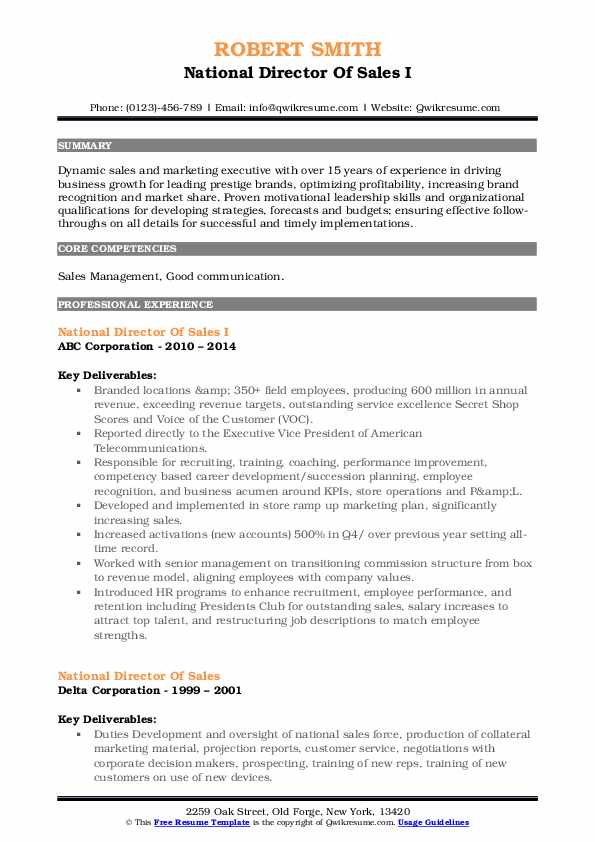 National Director Of Sales Resume - National Director Of Sales 1587304754 Pdf 