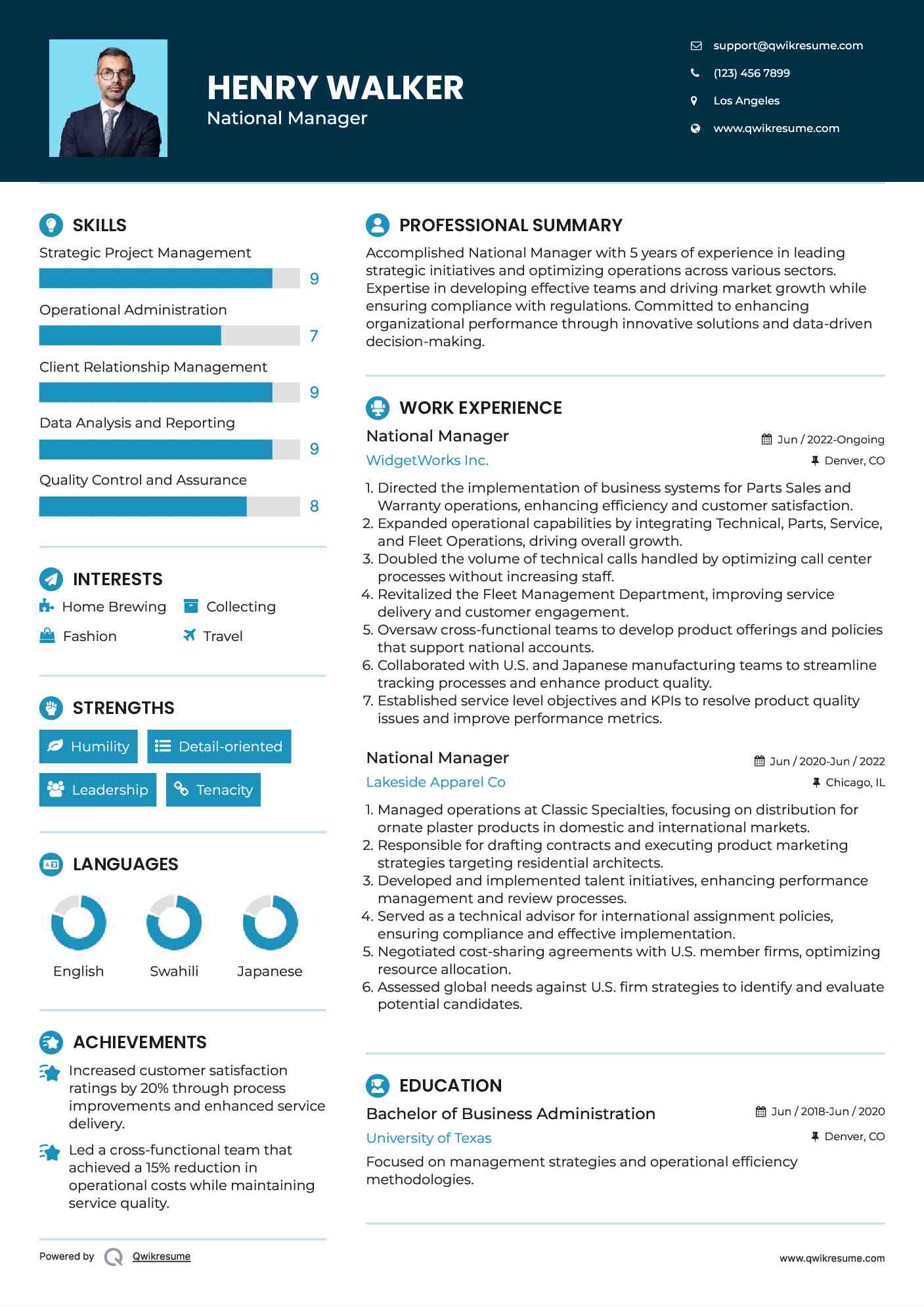 National Manager Resume Format