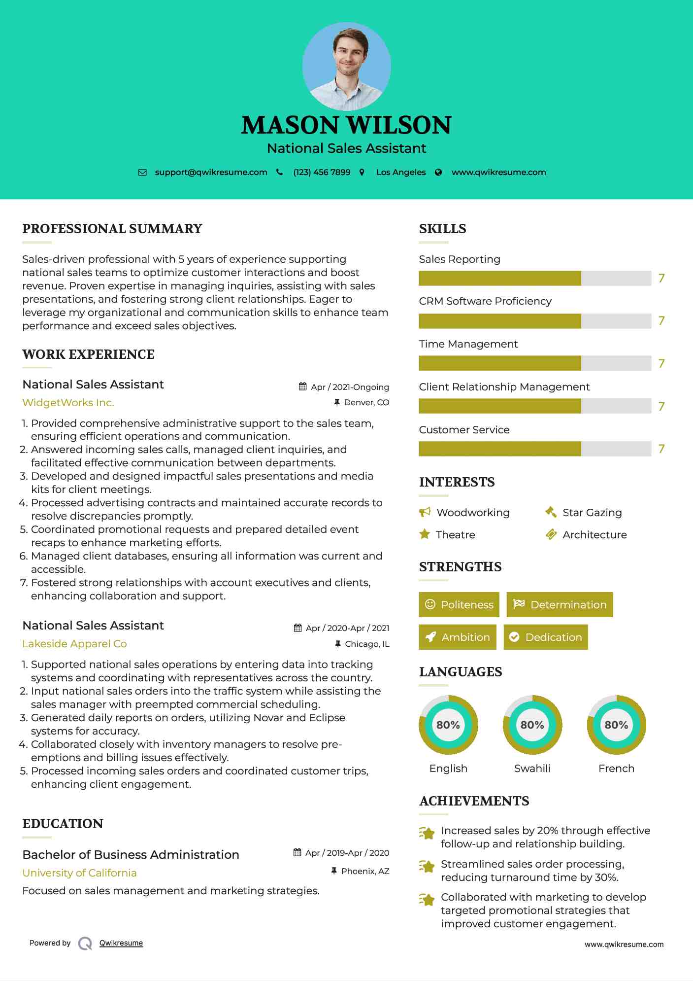 National Sales Assistant Resume Model