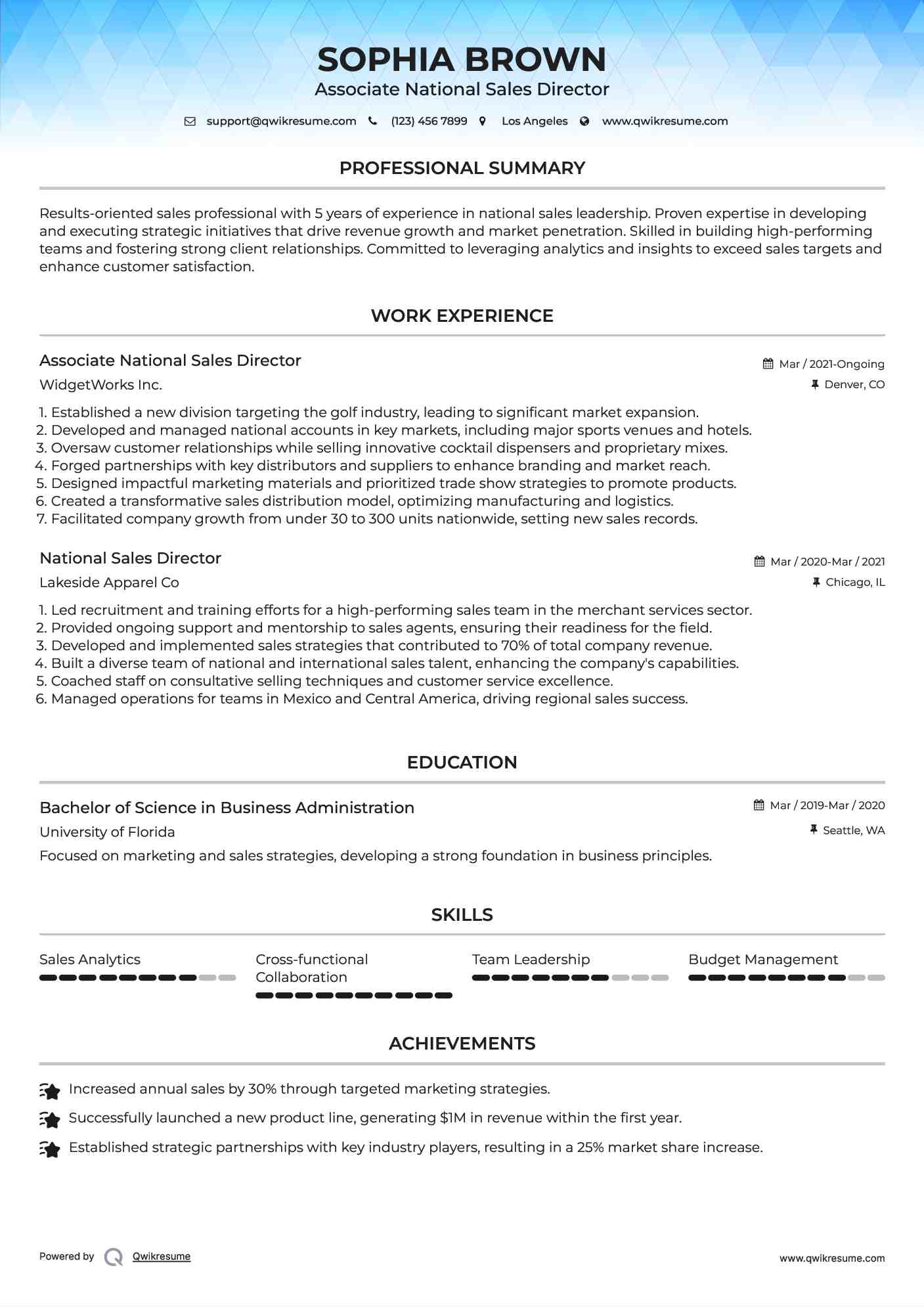 Associate National Sales Director Resume Model