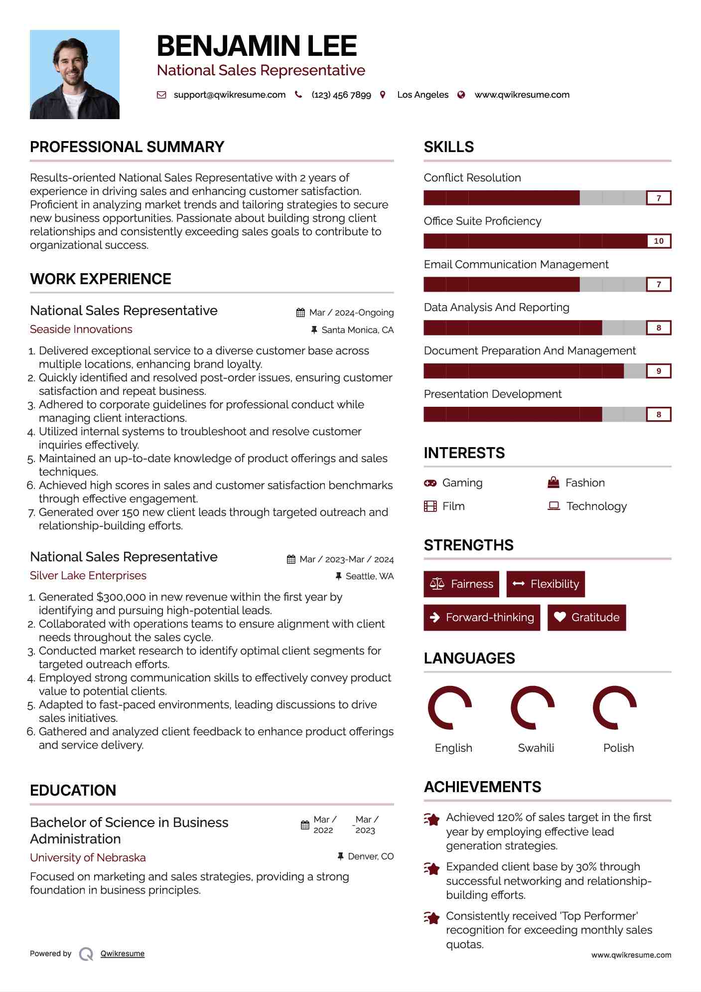 National Sales Representative Resume Format