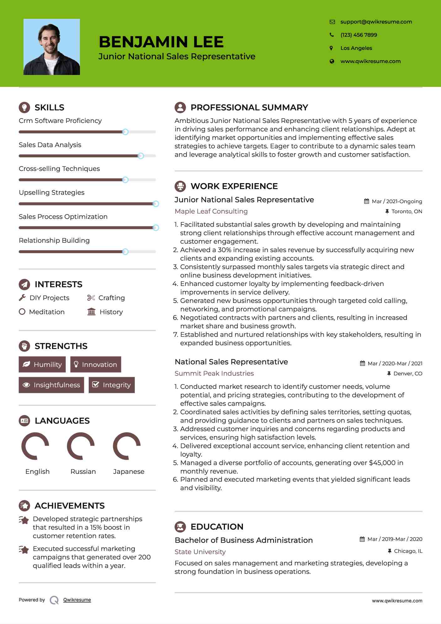 Junior National Sales Representative Resume Format