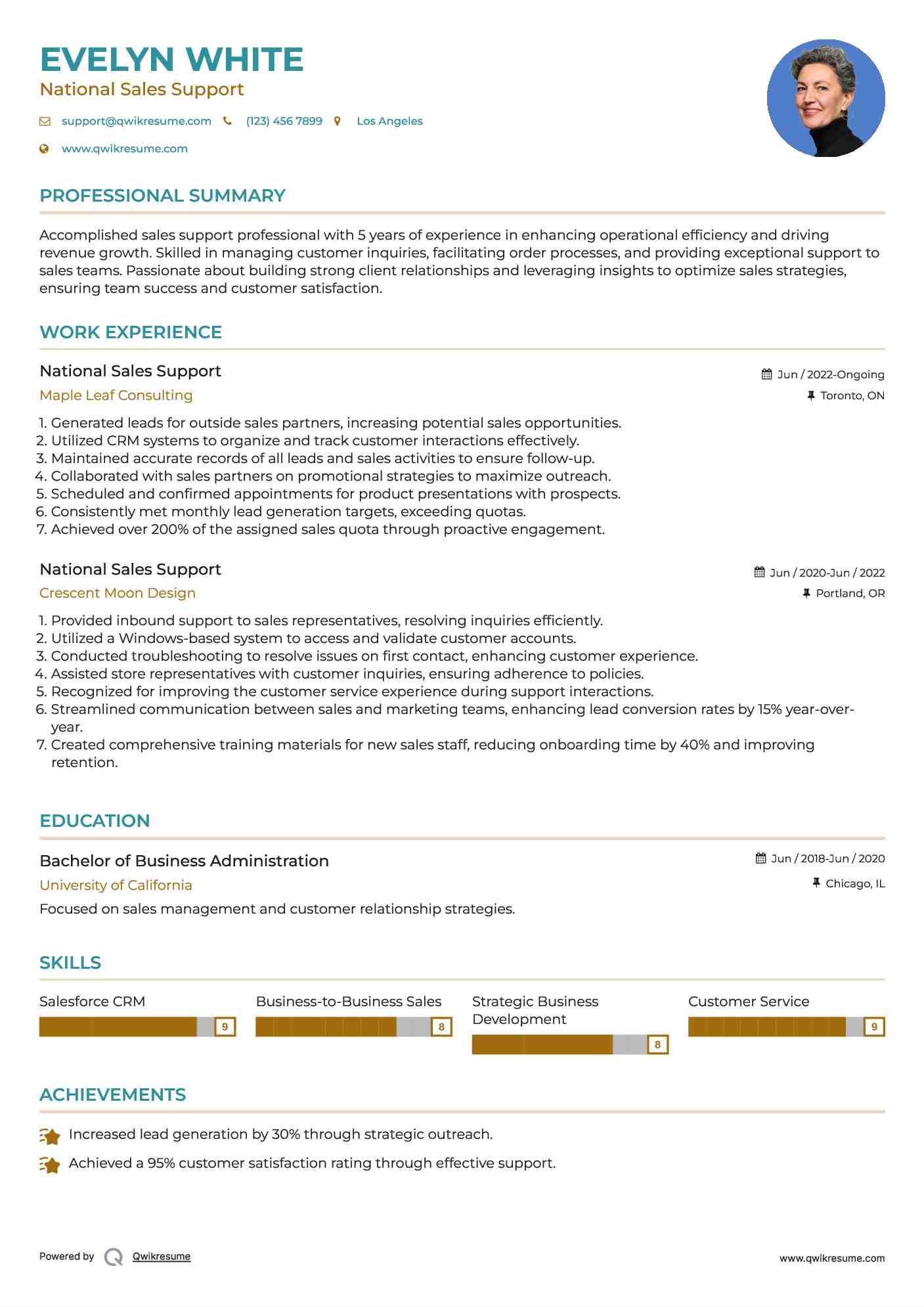 National Sales Support Resume Example
