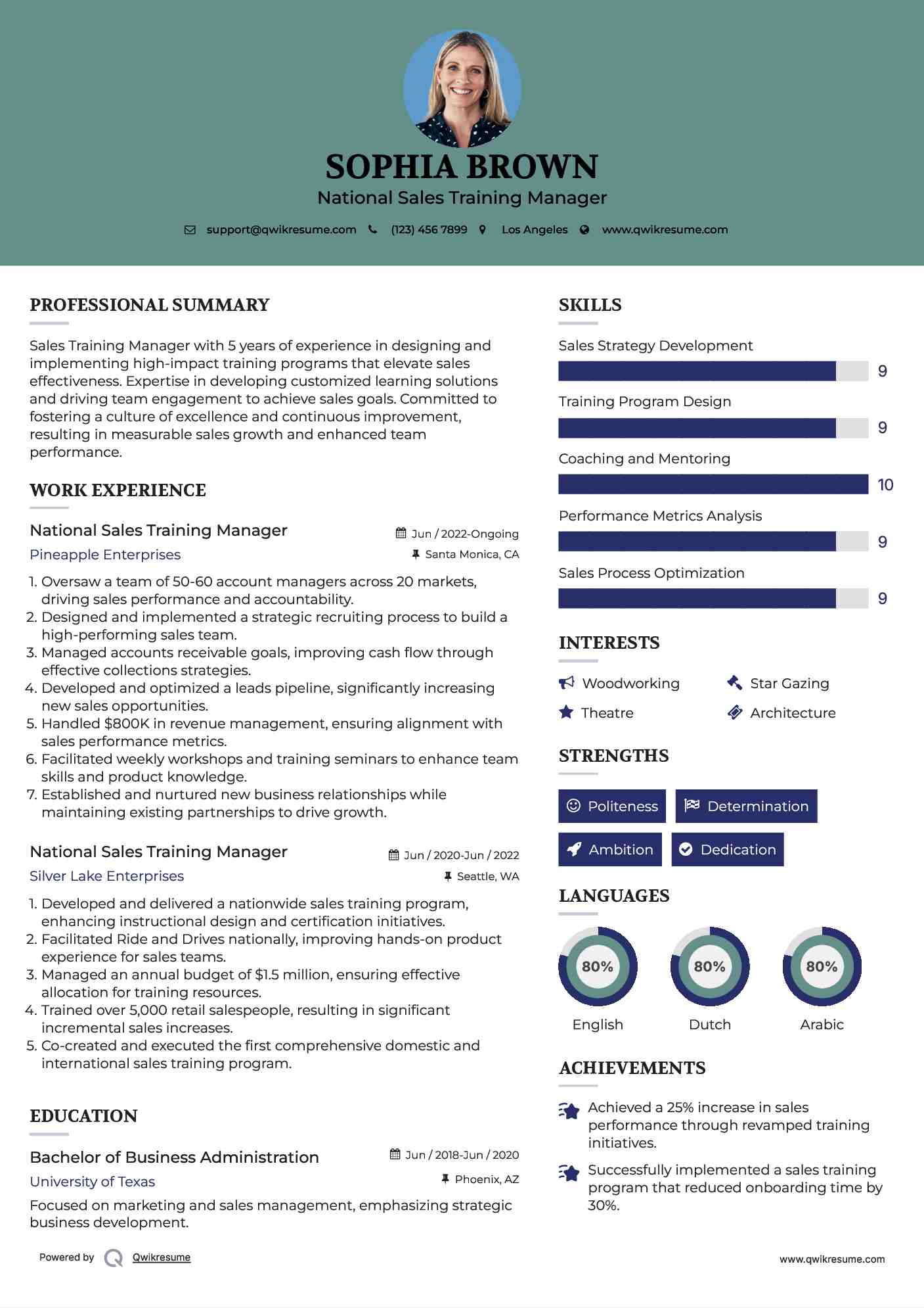 National Sales Training Manager Resume Example
