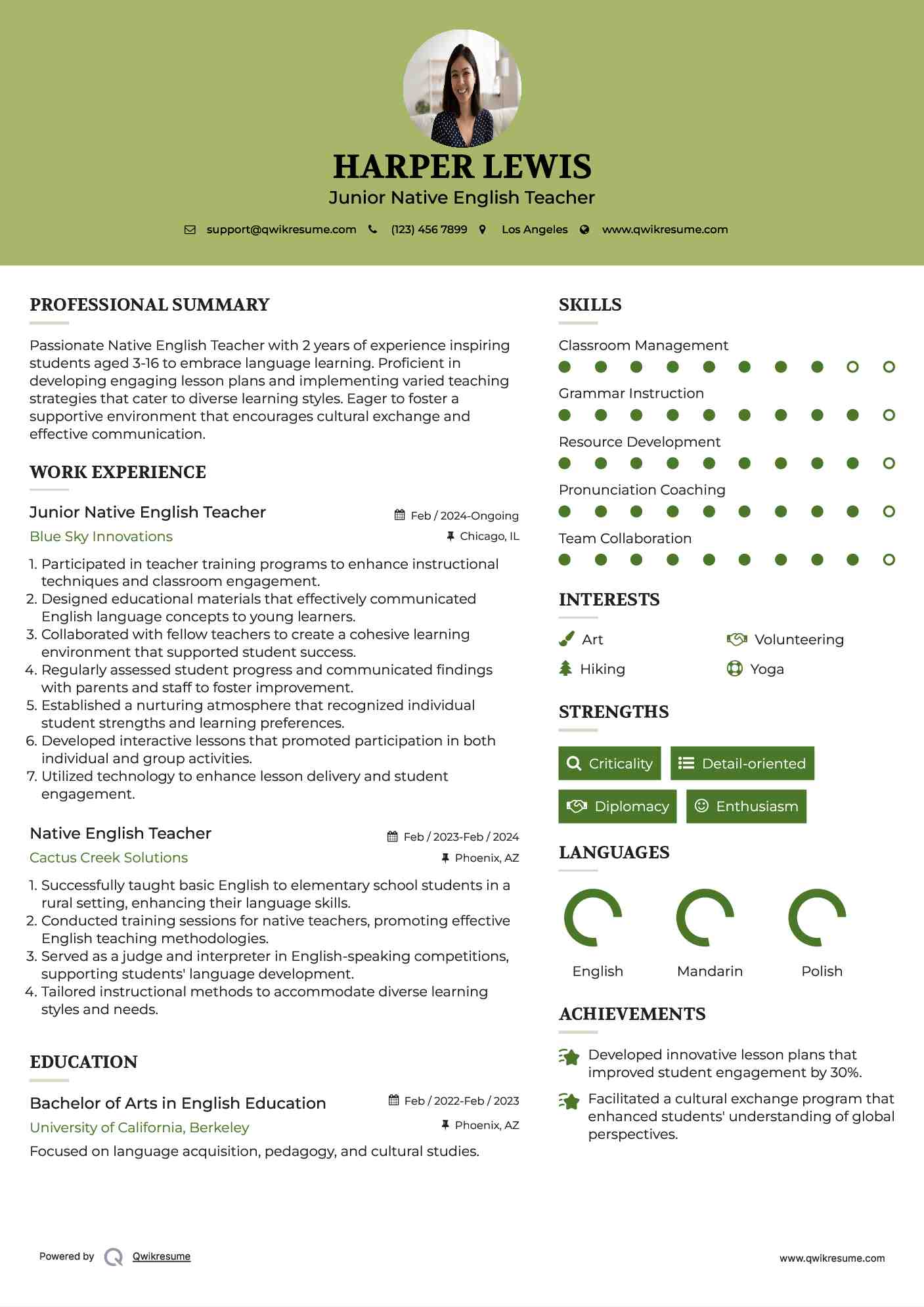 Junior Native English Teacher Resume Sample