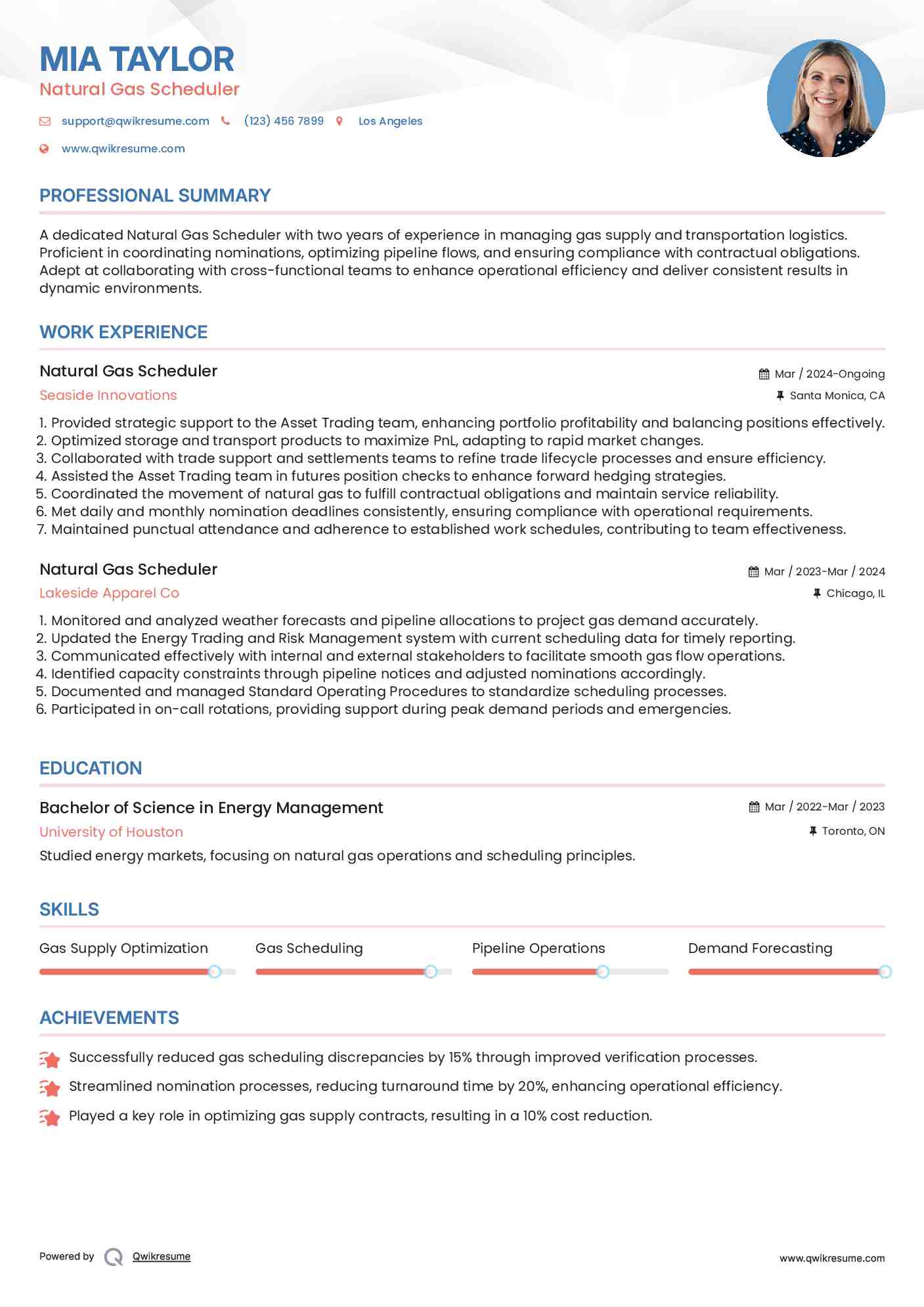 Natural Gas Scheduler Resume Model
