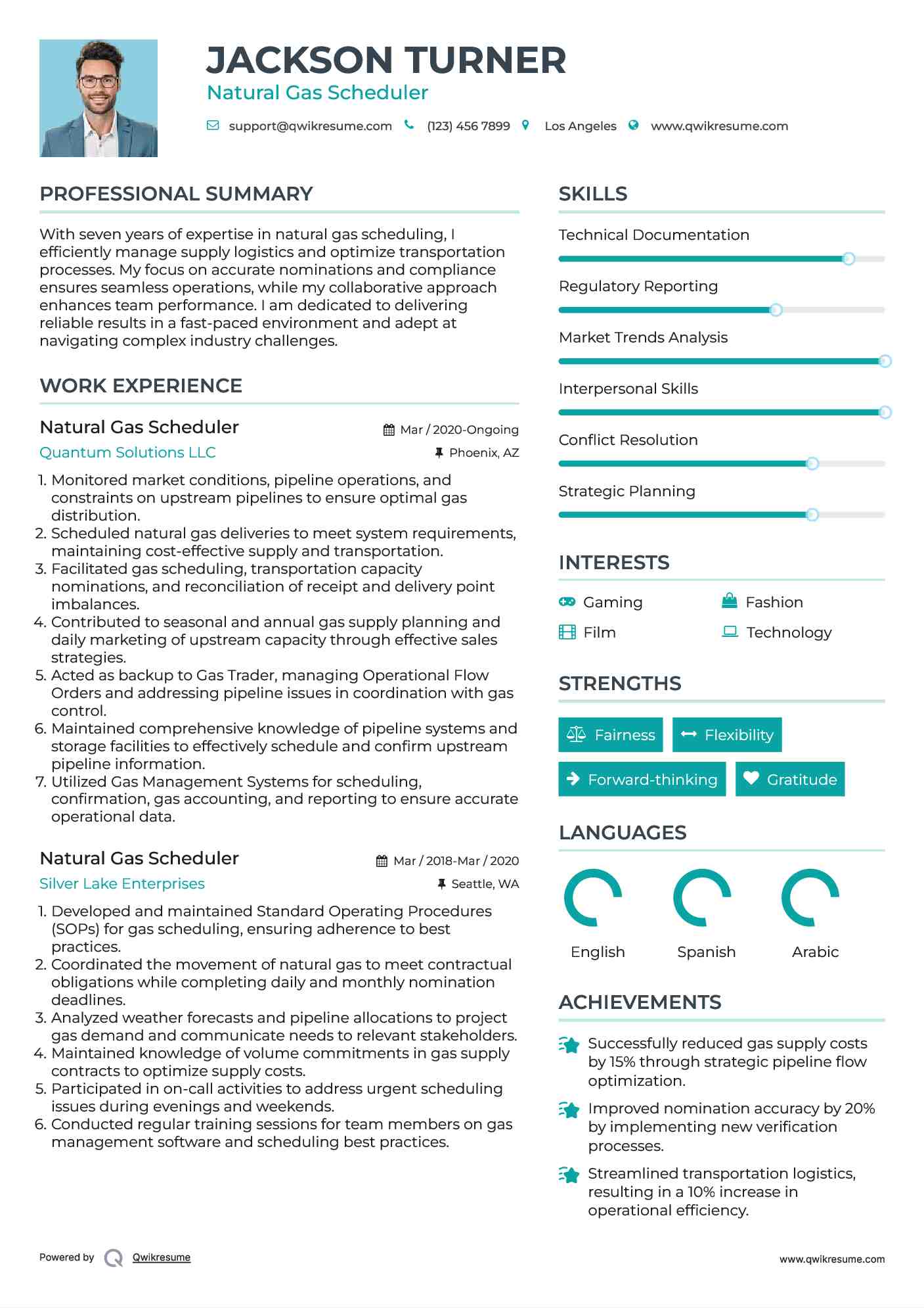 Natural Gas Scheduler Resume Model