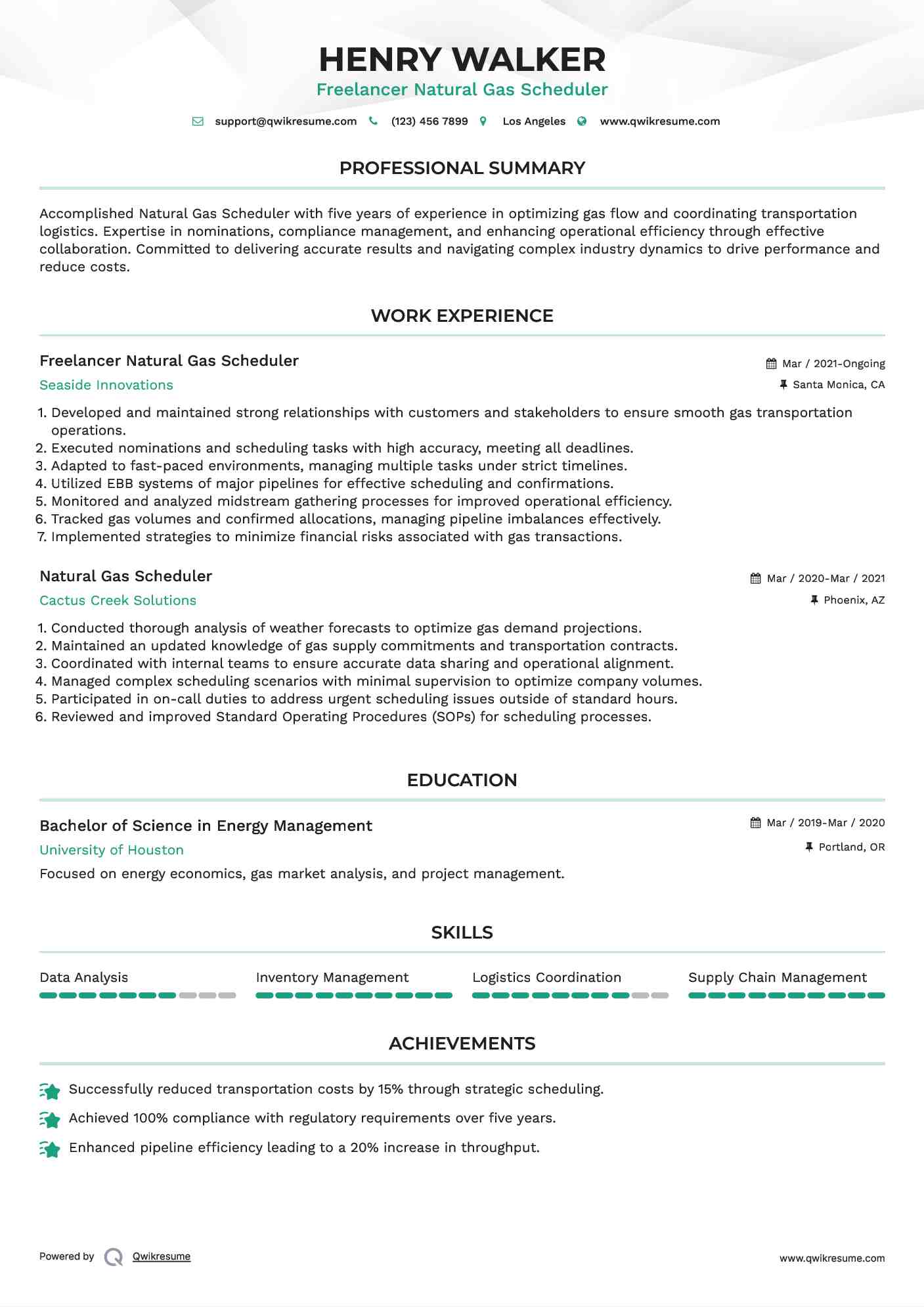 Freelancer Natural Gas Scheduler Resume Model