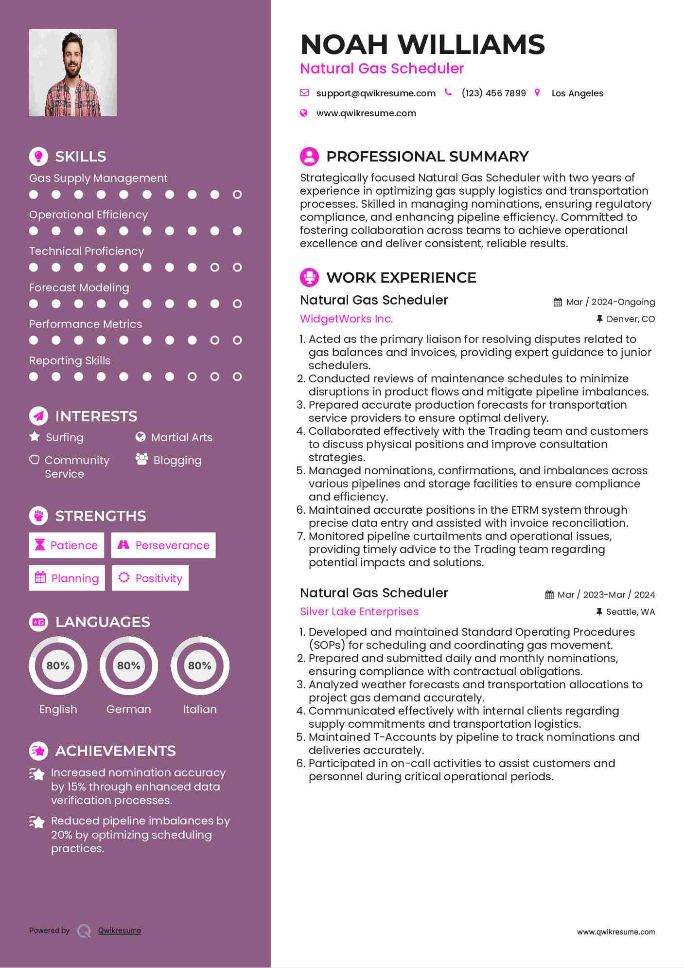 Natural Gas Scheduler Resume Sample