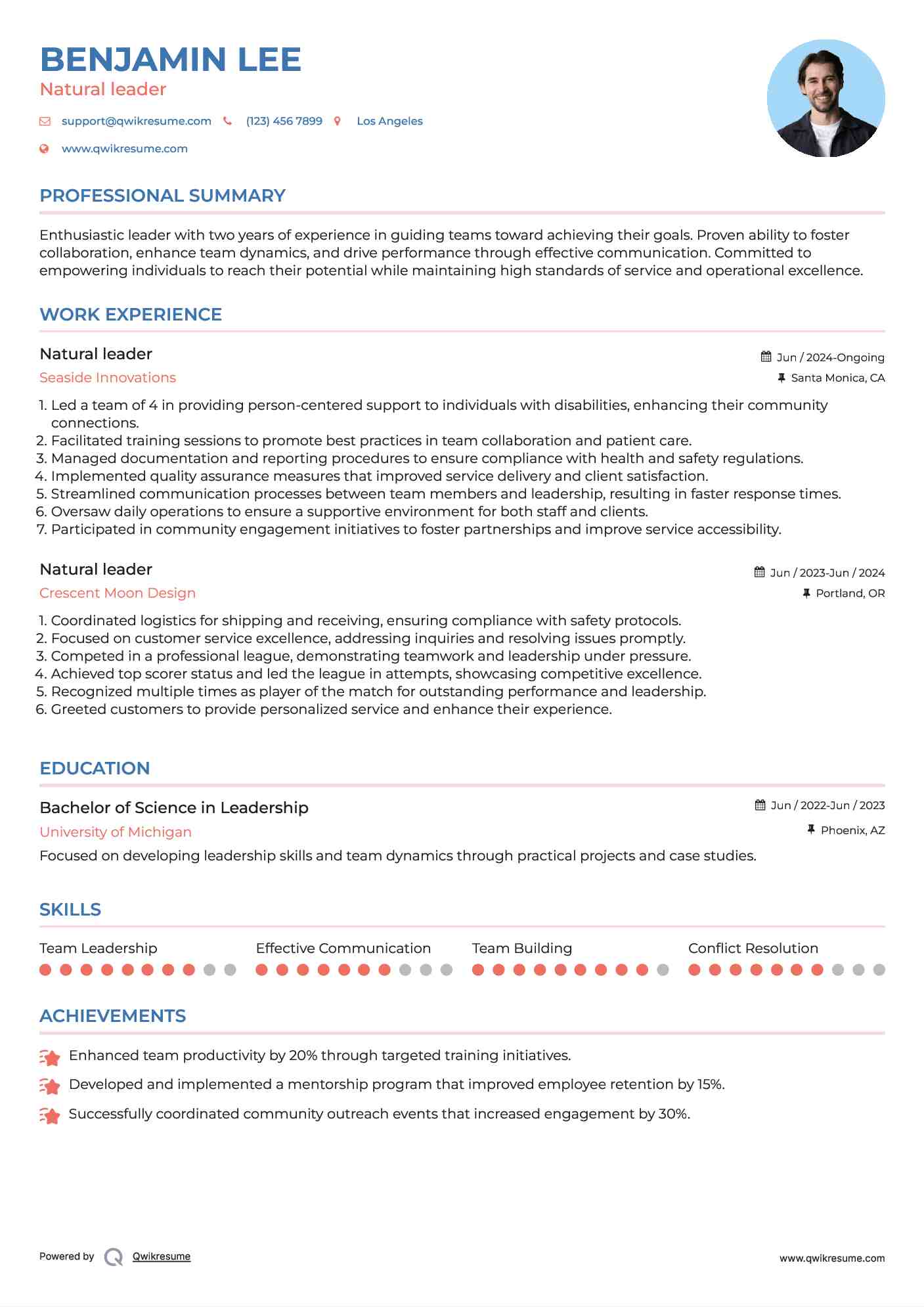 Natural leader Resume Example