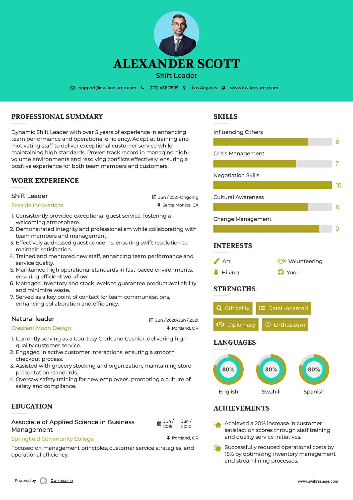 Shift Leader Resume Sample