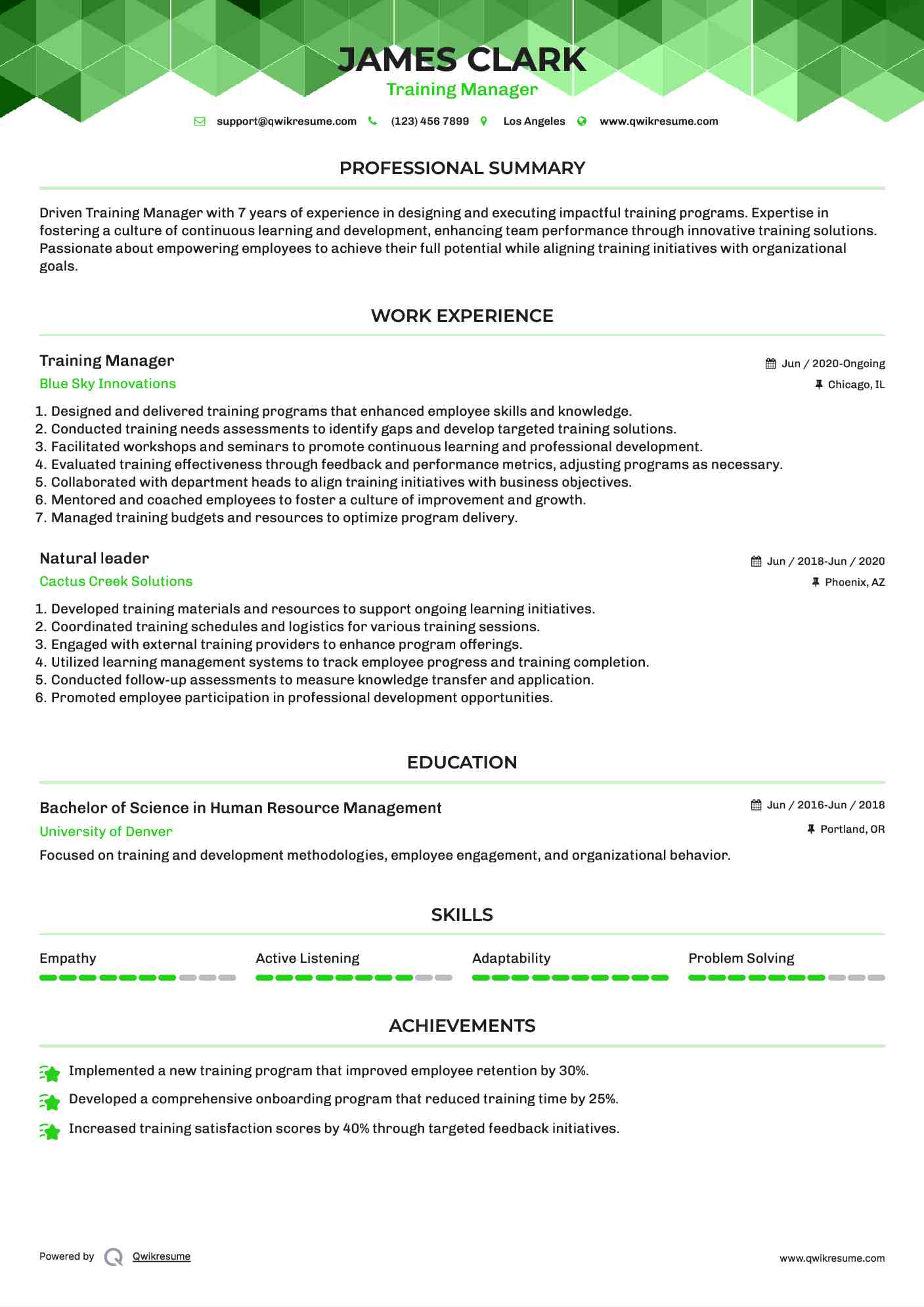 Training Manager Resume Model