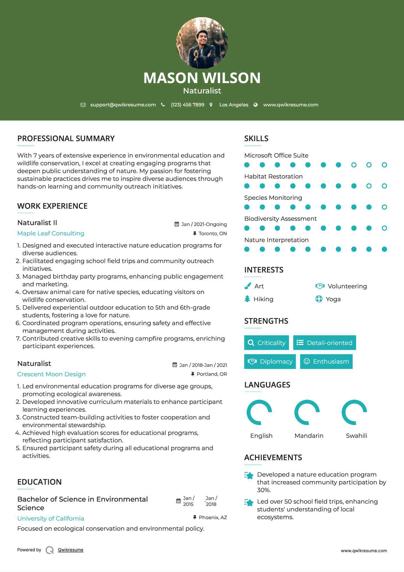 Naturalist II Resume Sample