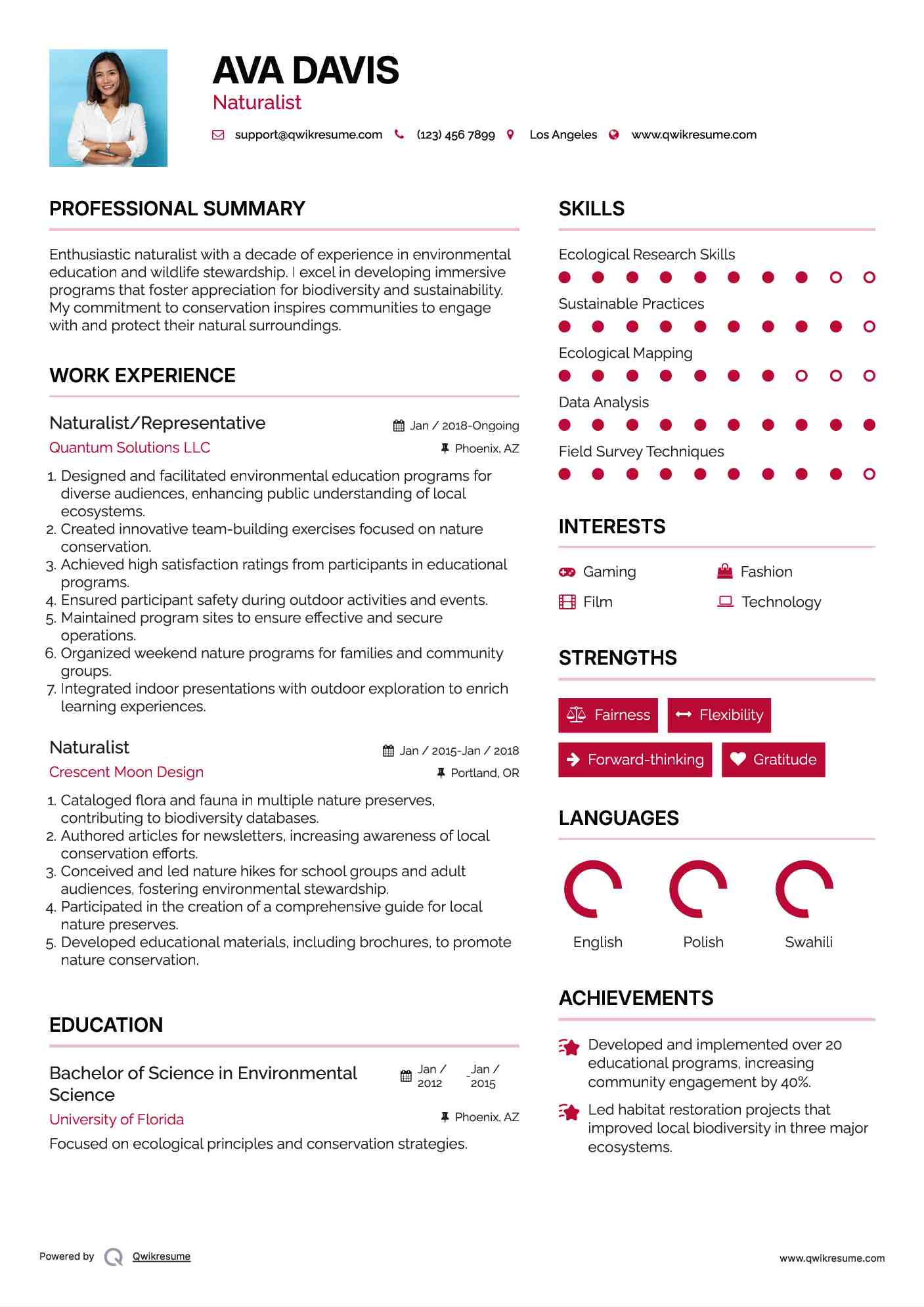 Naturalist/Representative Resume Sample