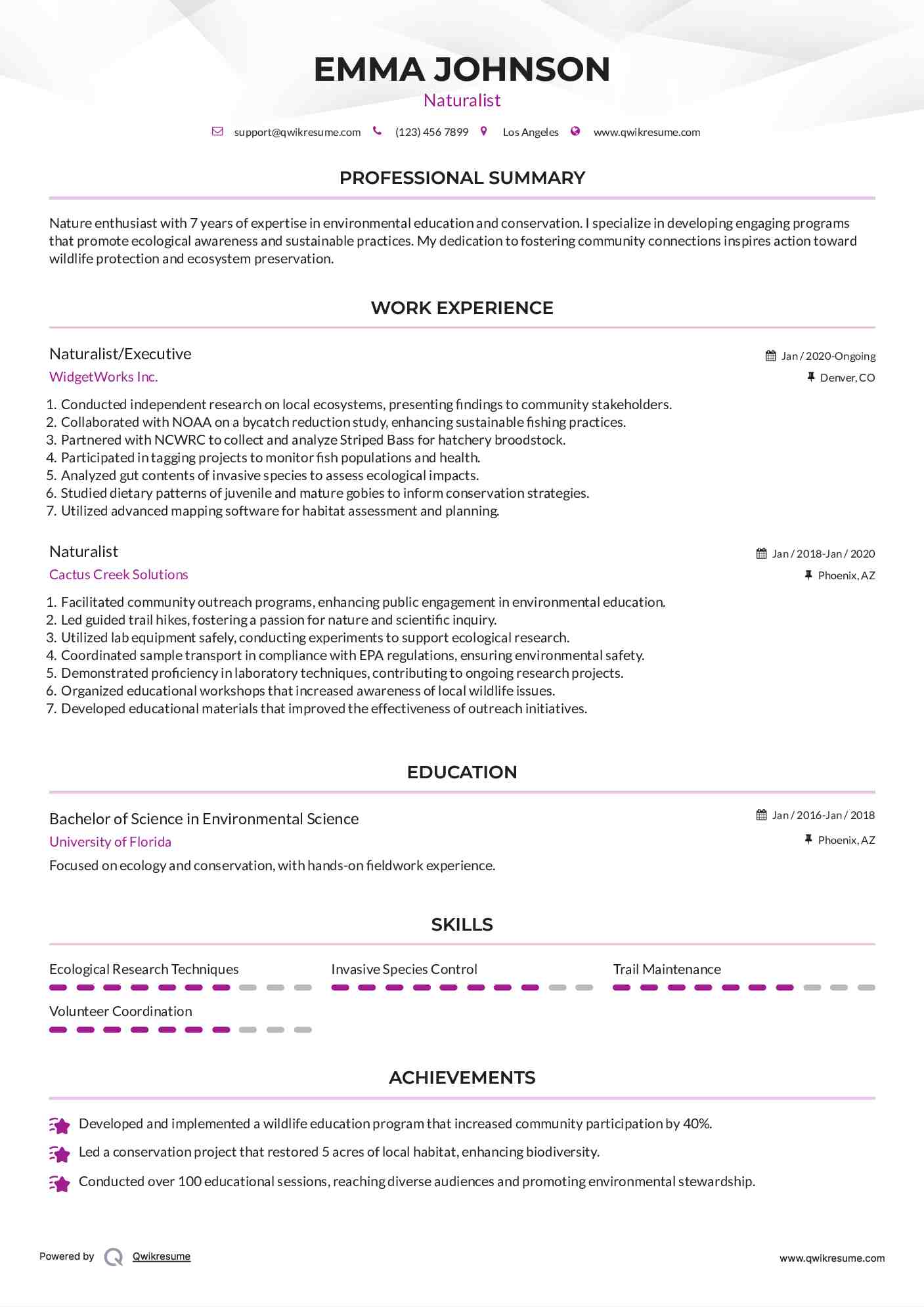 Naturalist/Executive Resume Sample
