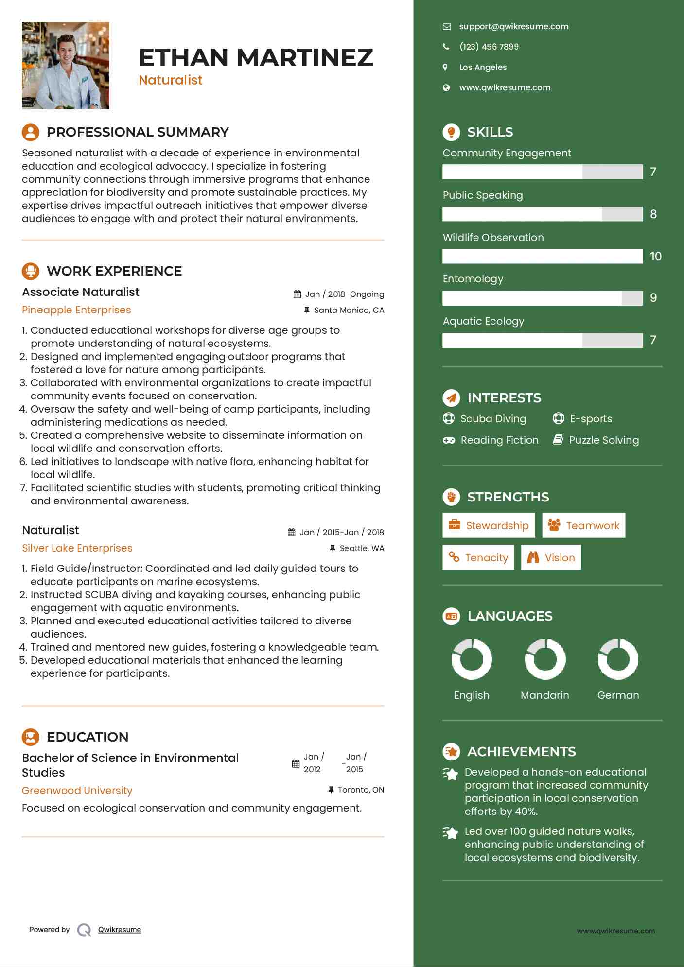 Associate Naturalist Resume Sample