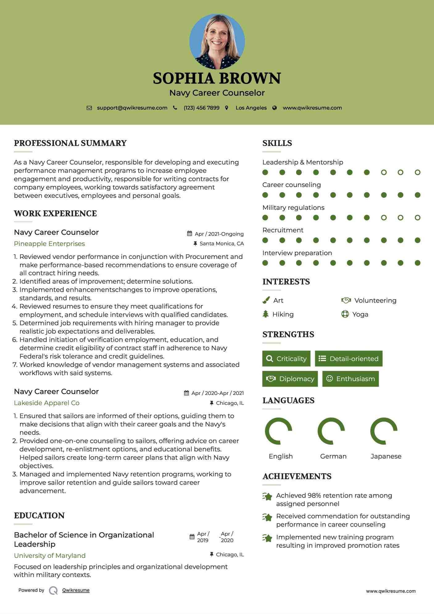 Navy Career Counselor Resume Example