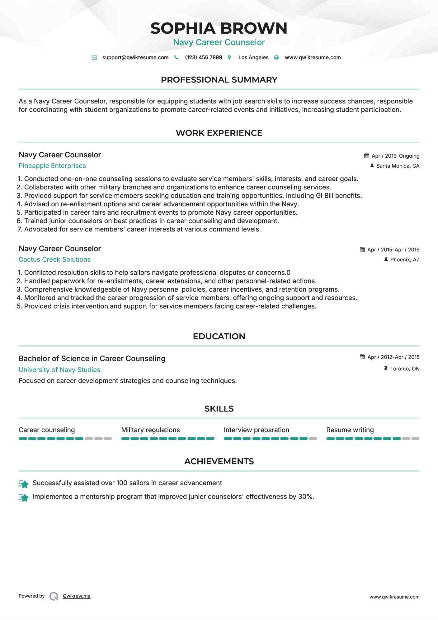 Navy Career Counselor Resume Example