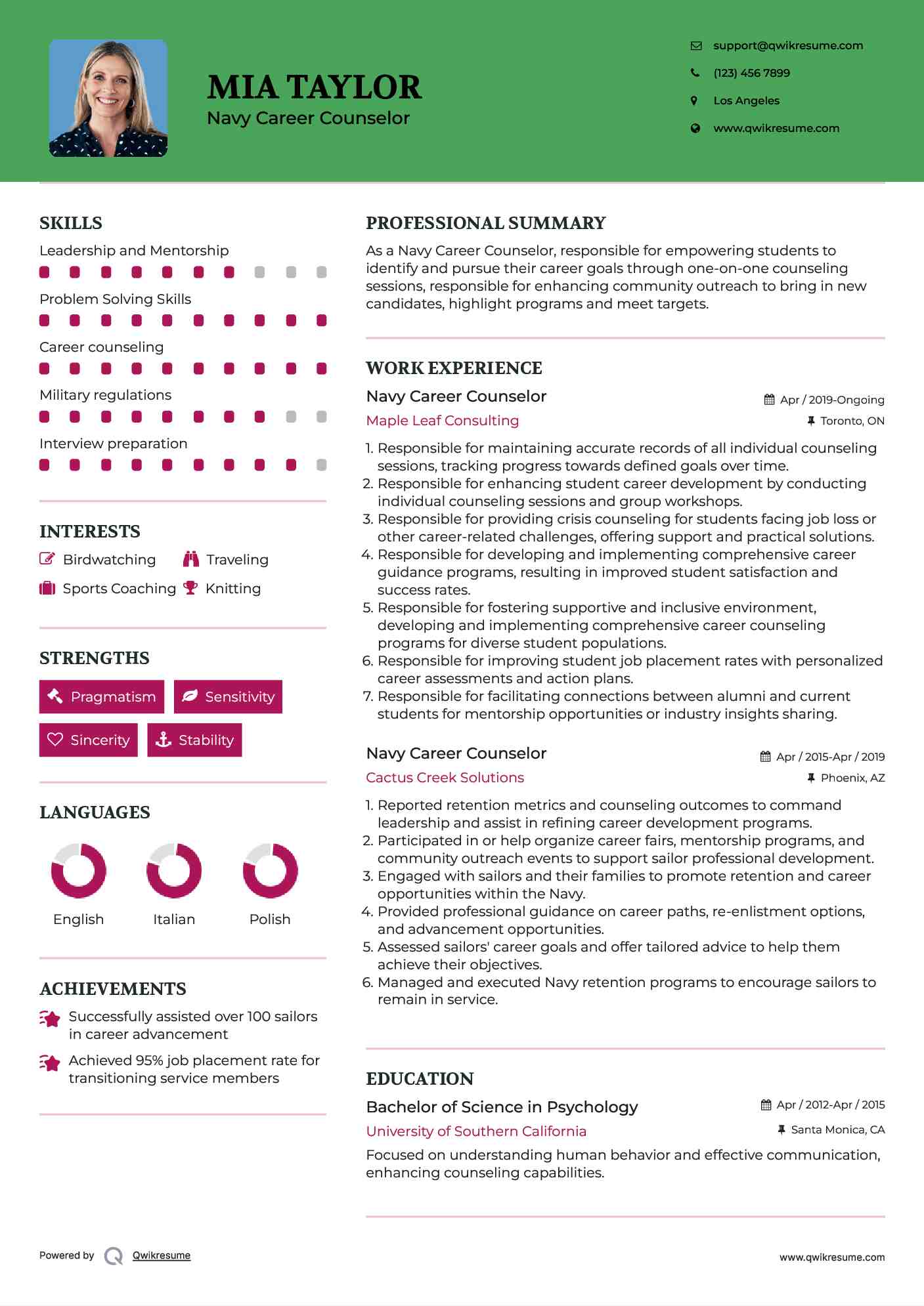 Navy Career Counselor Resume Sample