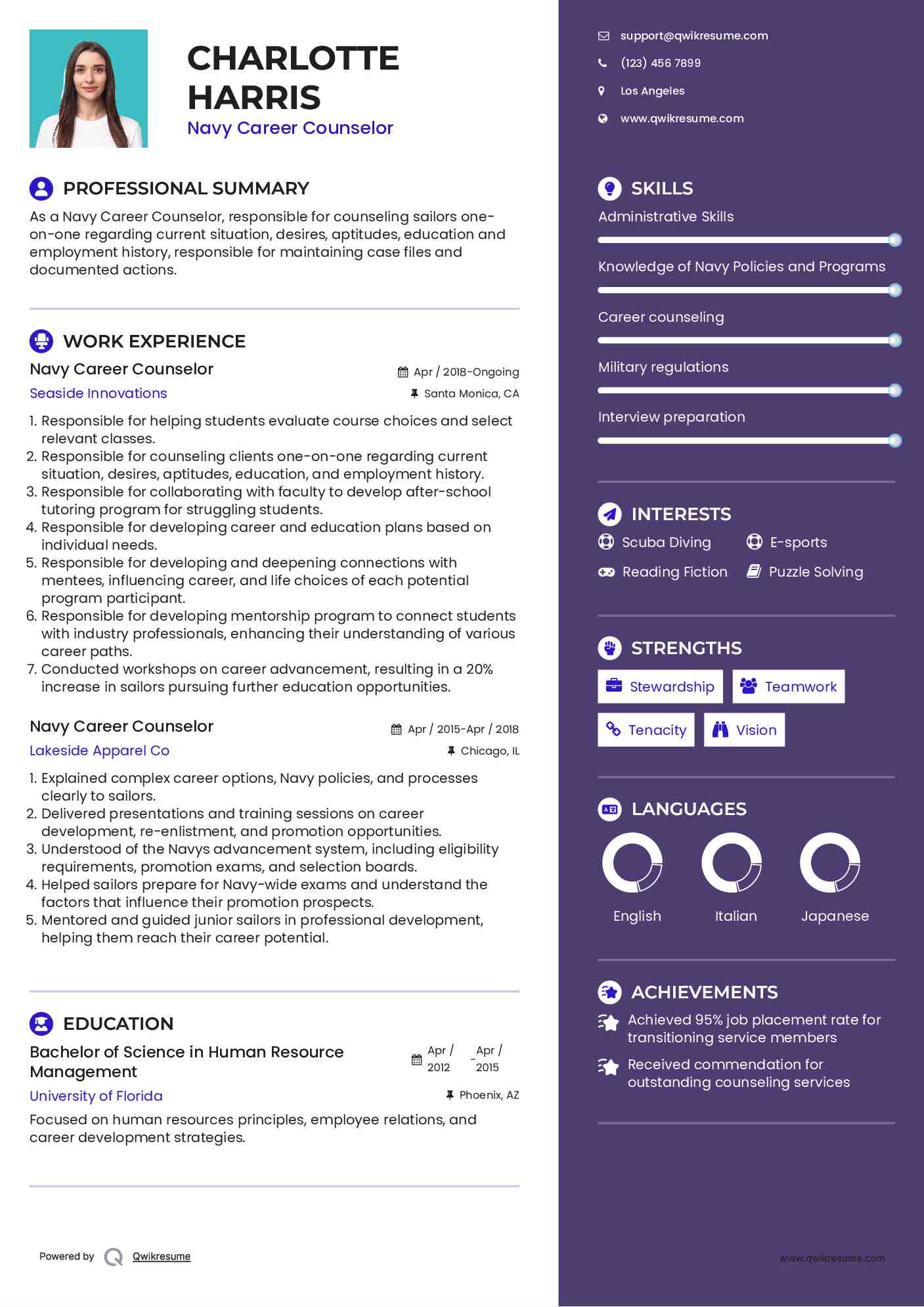 Navy Career Counselor Resume Model