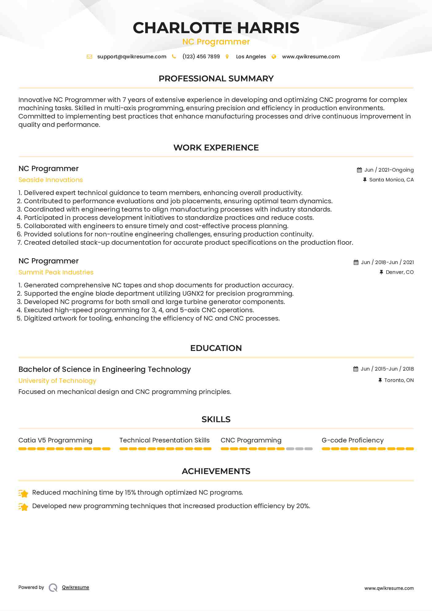 NC Programmer Resume Sample