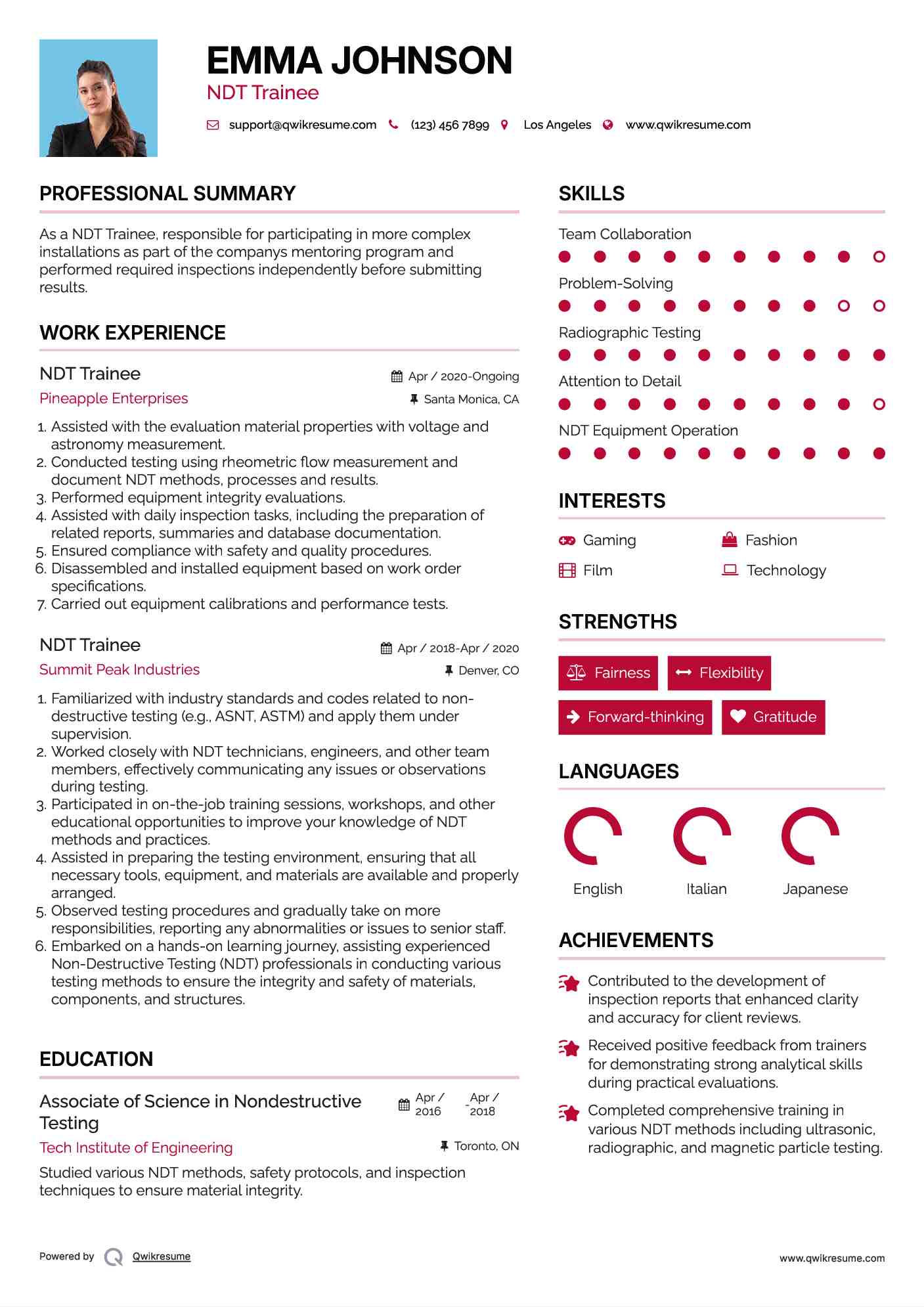 NDT Trainee Resume Sample