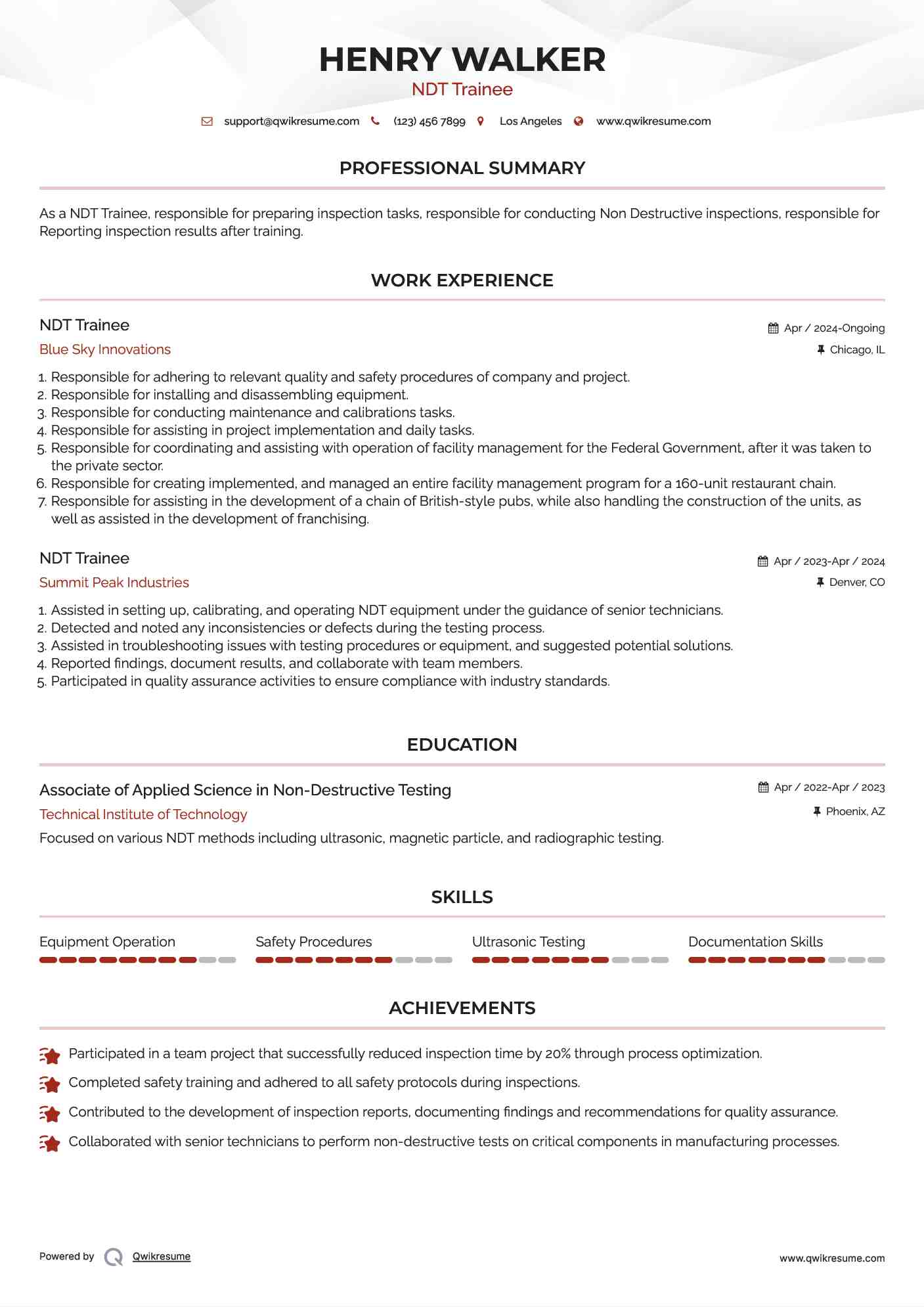 NDT Trainee Resume Template