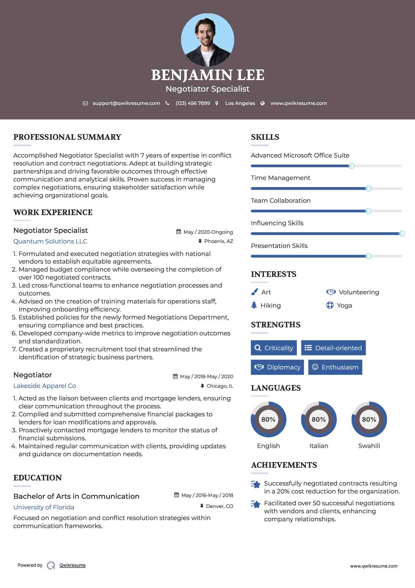 Negotiator Specialist Resume Model