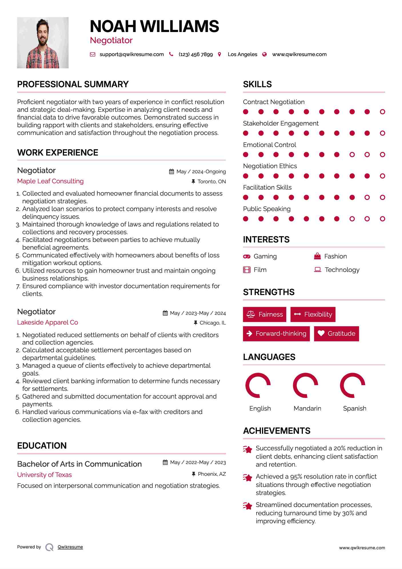 Negotiator Resume Sample
