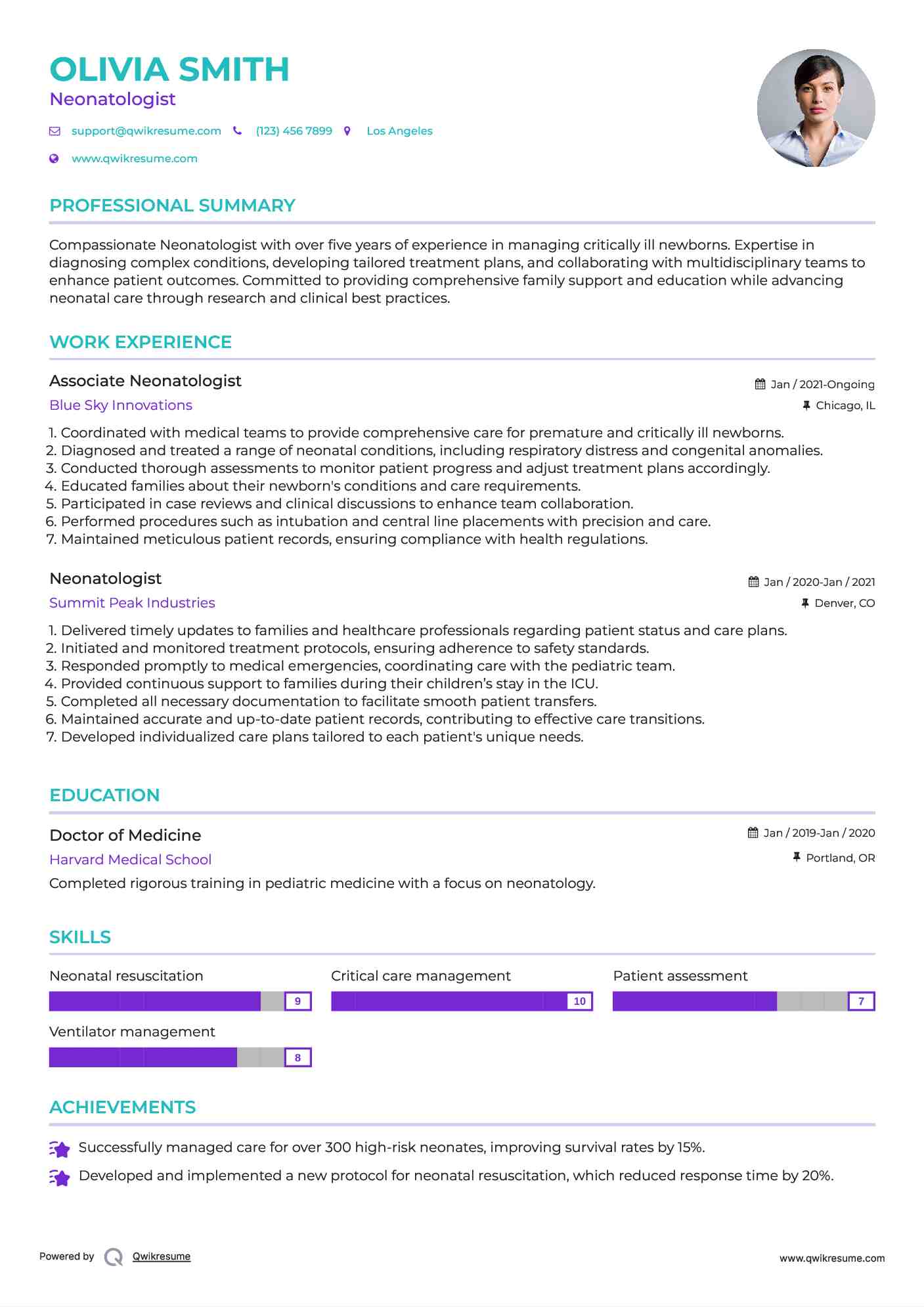 Associate Neonatologist Resume Example