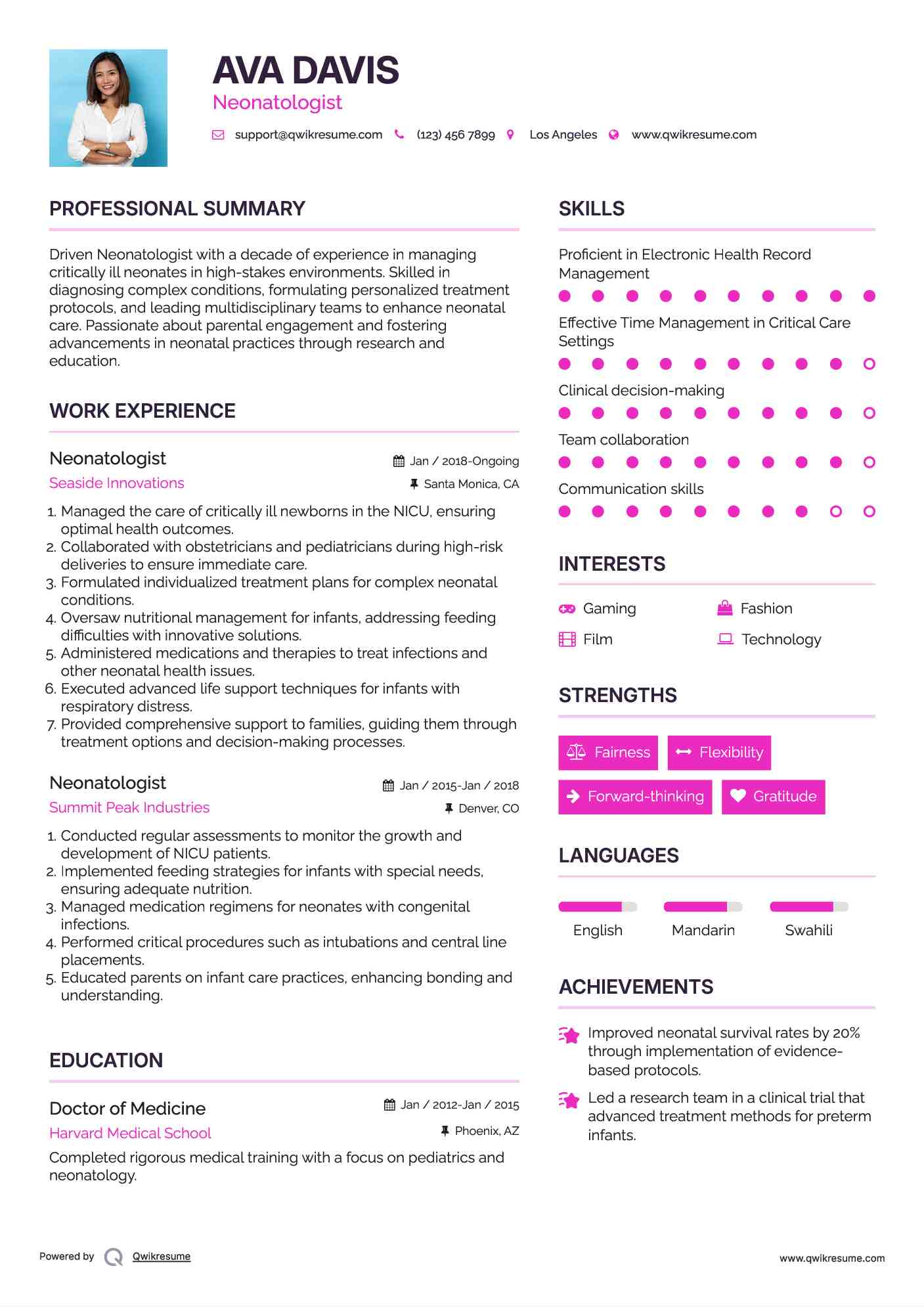Neonatologist Resume Sample