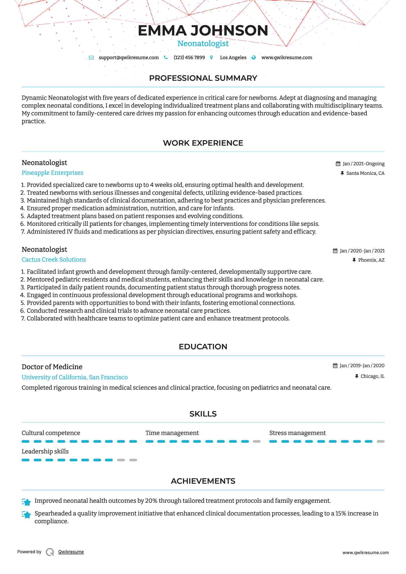 Neonatologist Resume Example