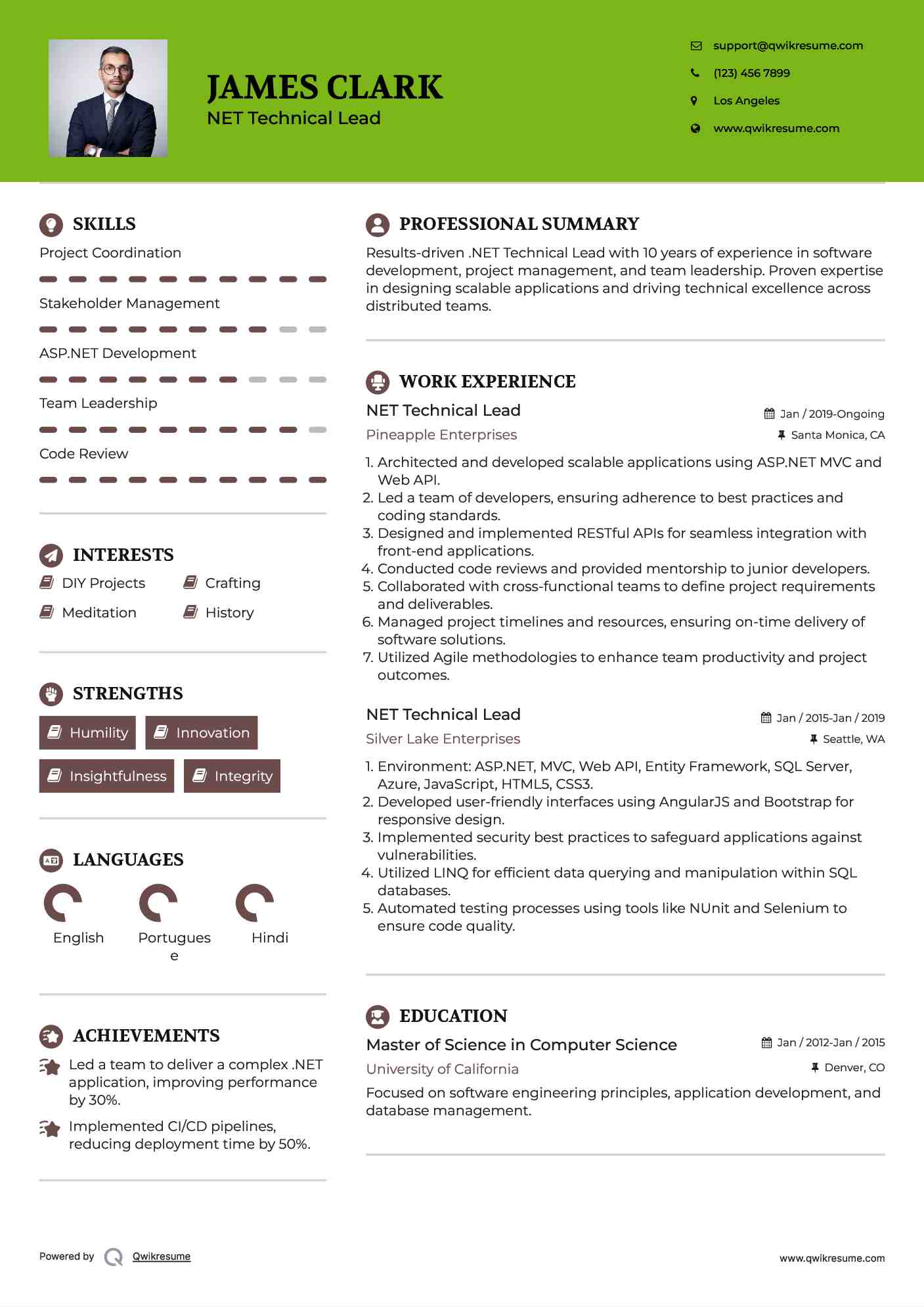 NET Technical Lead Resume Sample