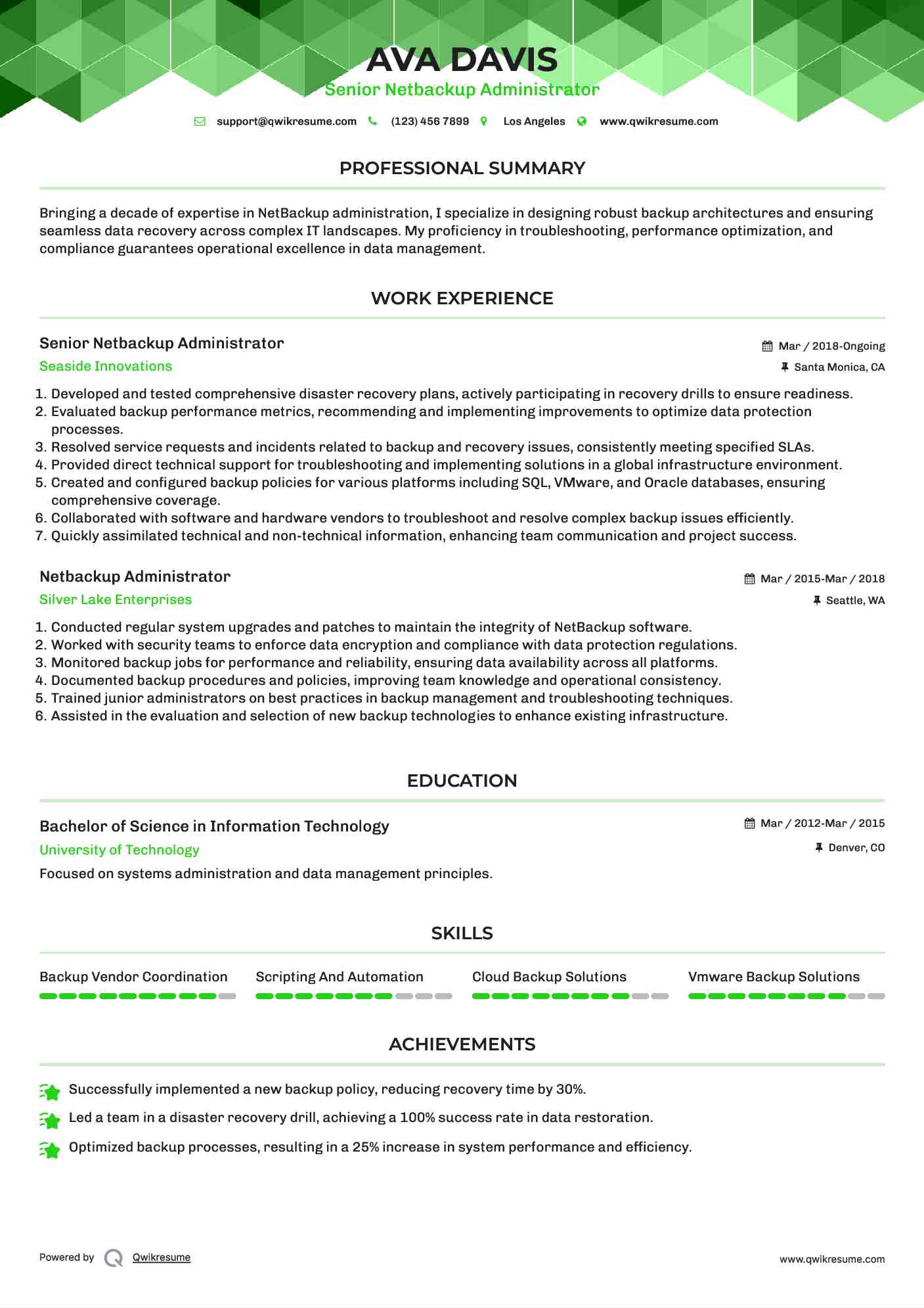 Senior Netbackup Administrator Resume Example