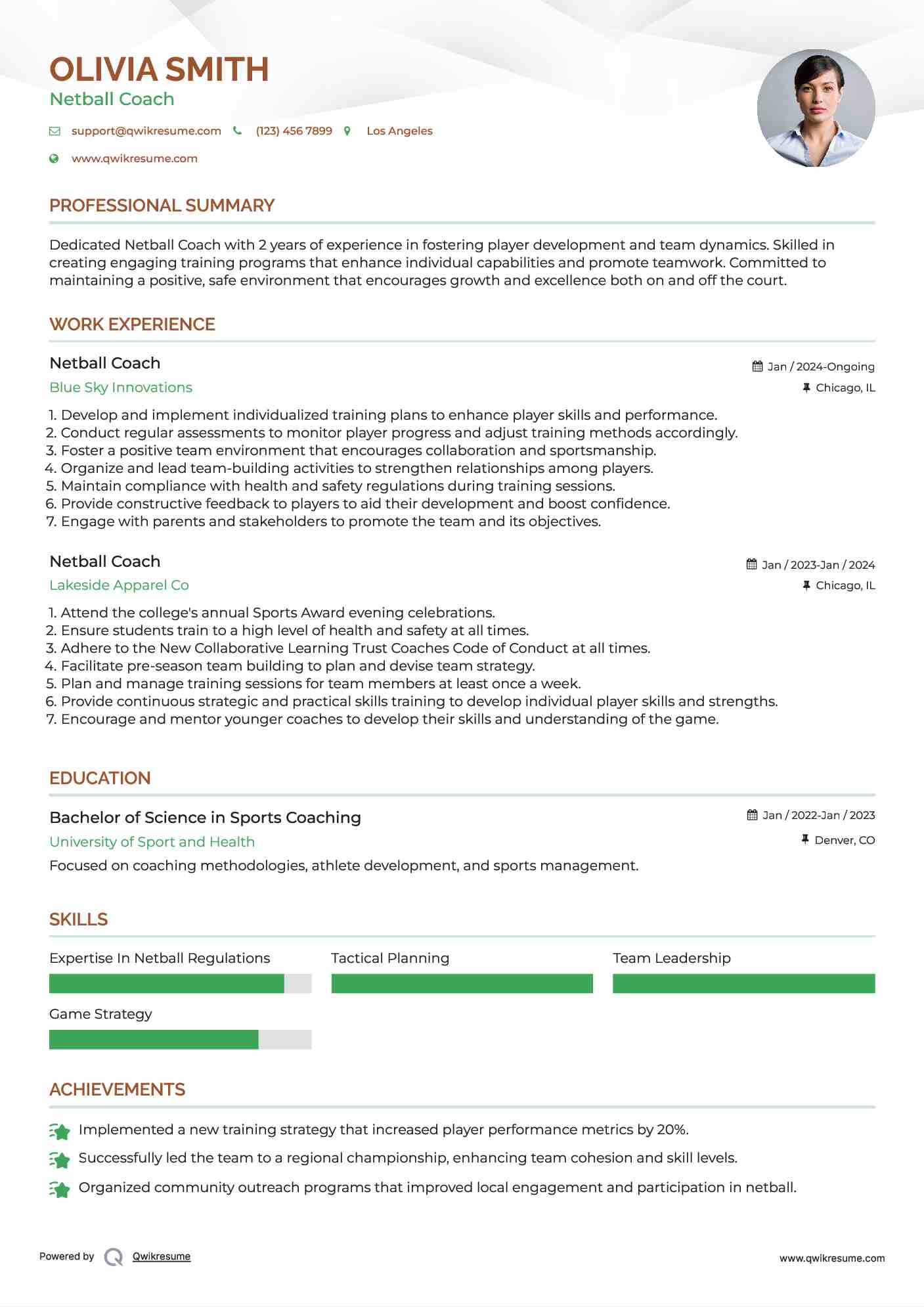 Netball Coach Resume Example