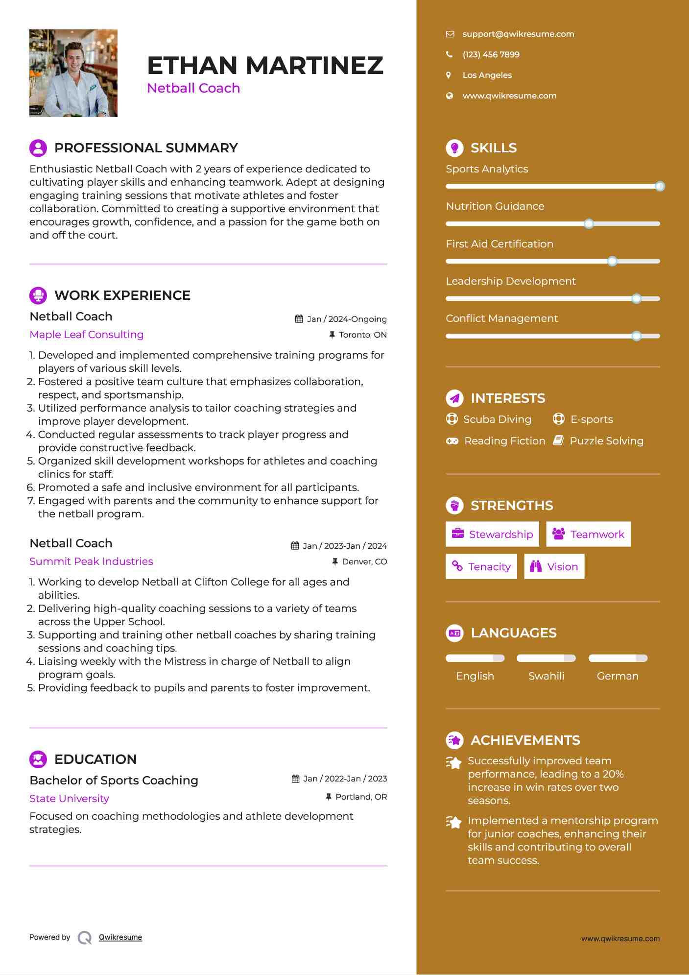 Netball Coach Resume Format